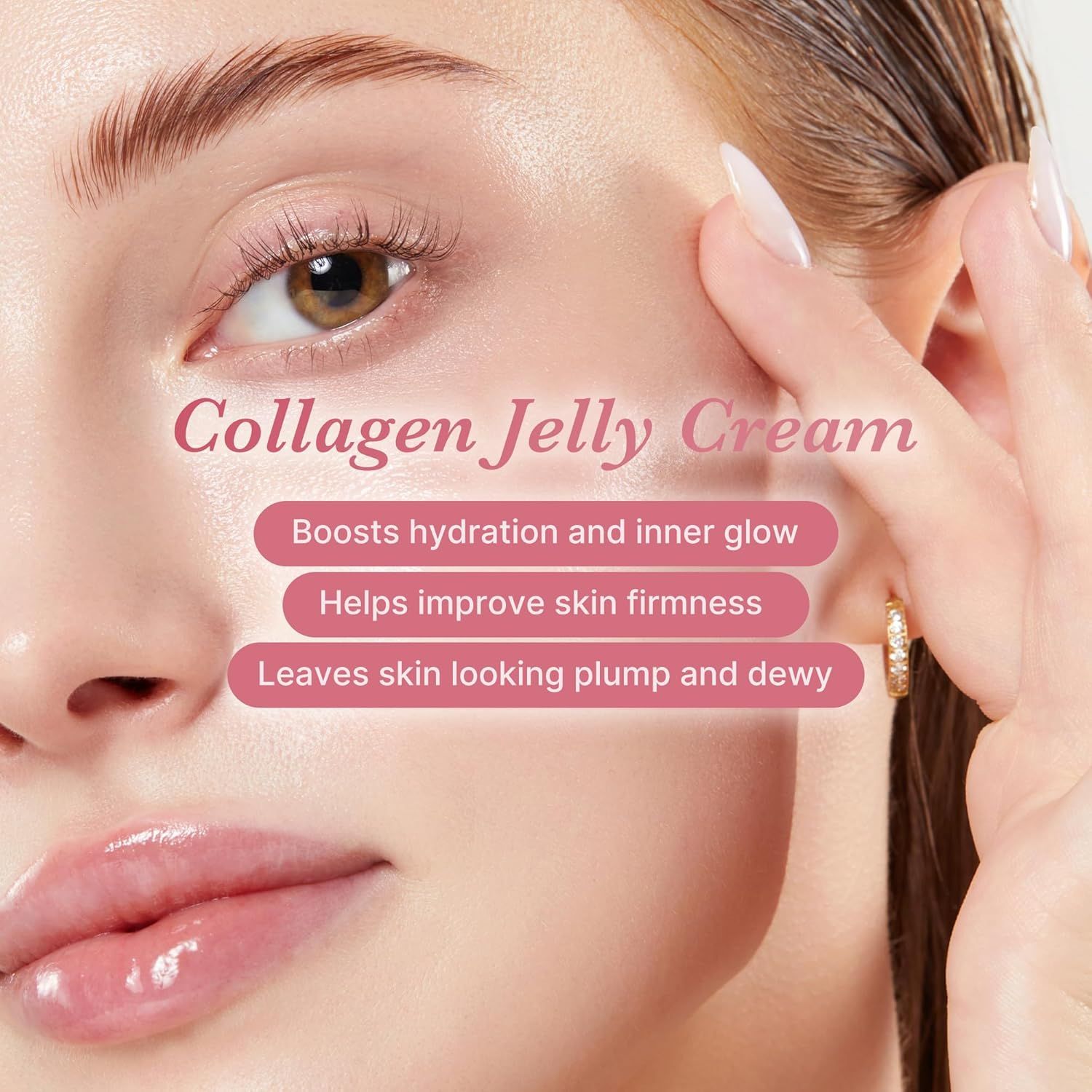 Highlights three distinct skincare benefits in a segmented layout over a lifestyle photo to communicate the product's multiple value propositions.