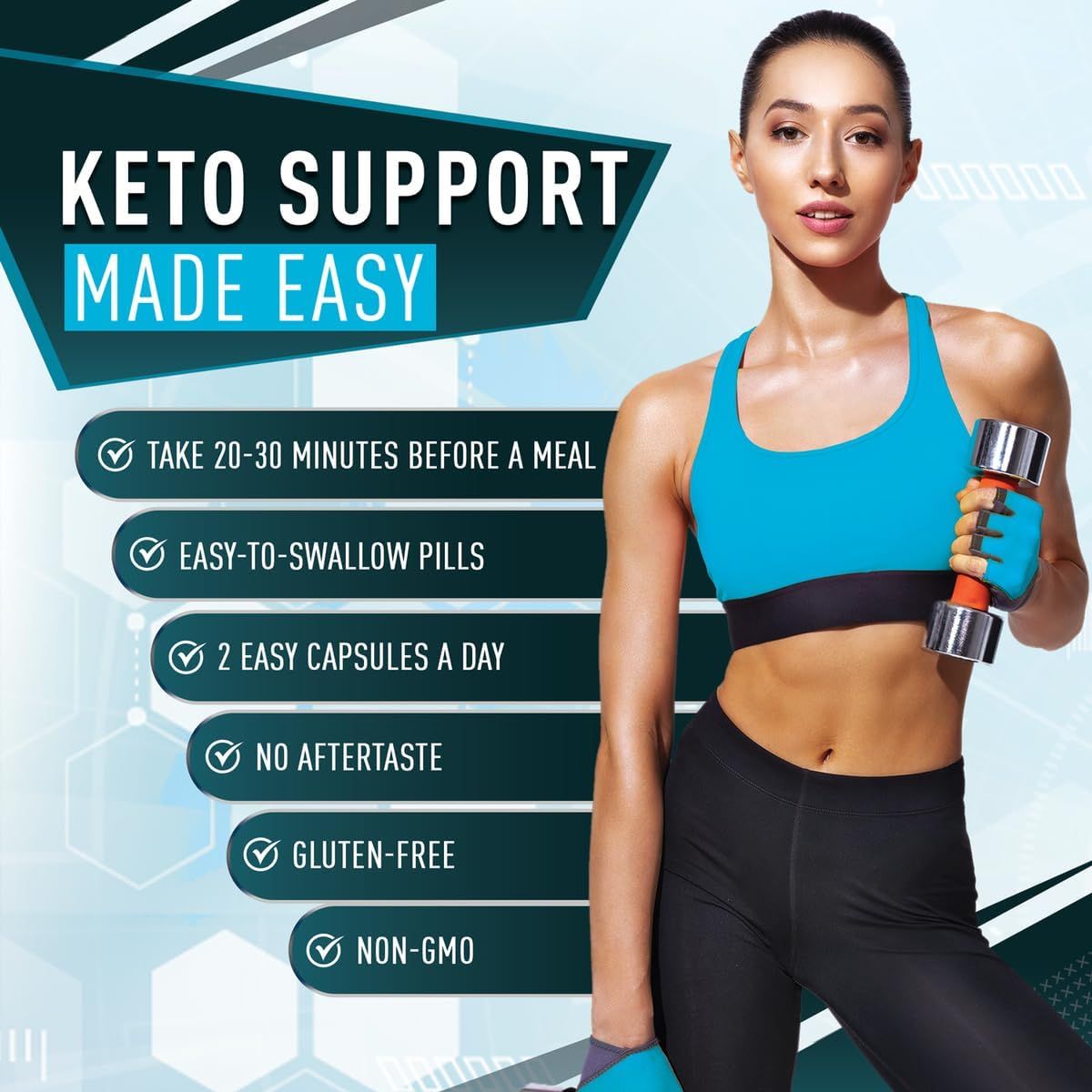 Highlights multiple convenience and product attributes including timing instructions, pill size, dosage, aftertaste, gluten-free, and non-GMO to reassure shoppers about ease of use and dietary…