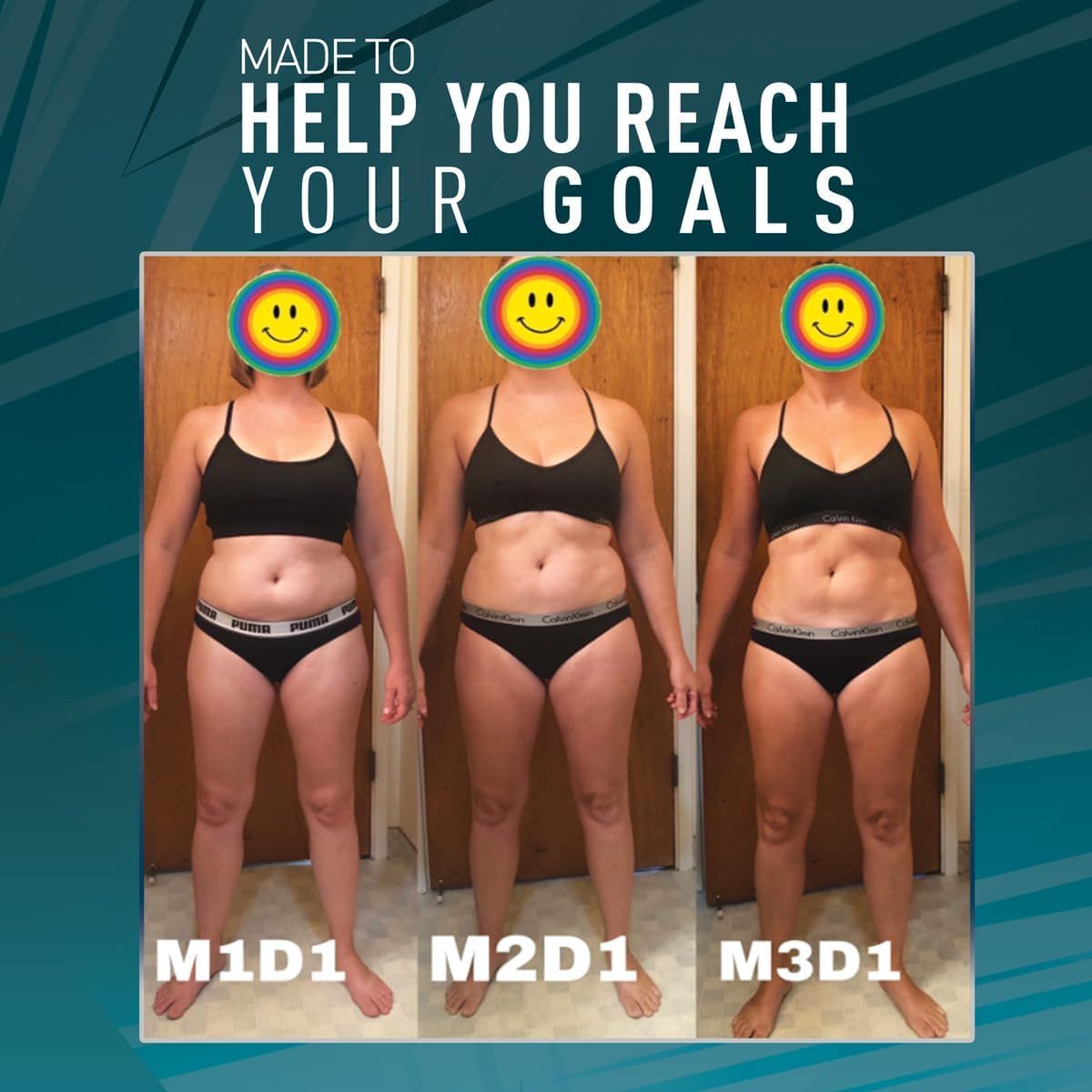 Demonstrates visible body transformation progress over time to provide social proof of the product's effectiveness for weight management goals. Uses authentic customer progress photos to build trust…