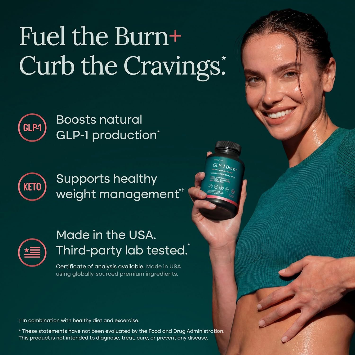 Highlights multiple distinct benefits of the supplement in a segmented layout with icons: boosts GLP-1 production, supports weight management, and emphasizes quality/safety with USA manufacturing…