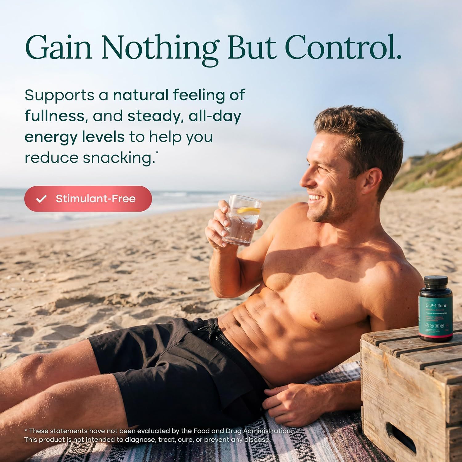 Communicates the product's ability to support fullness, steady energy, and reduced snacking in a clean, single-scene lifestyle image with one primary message.