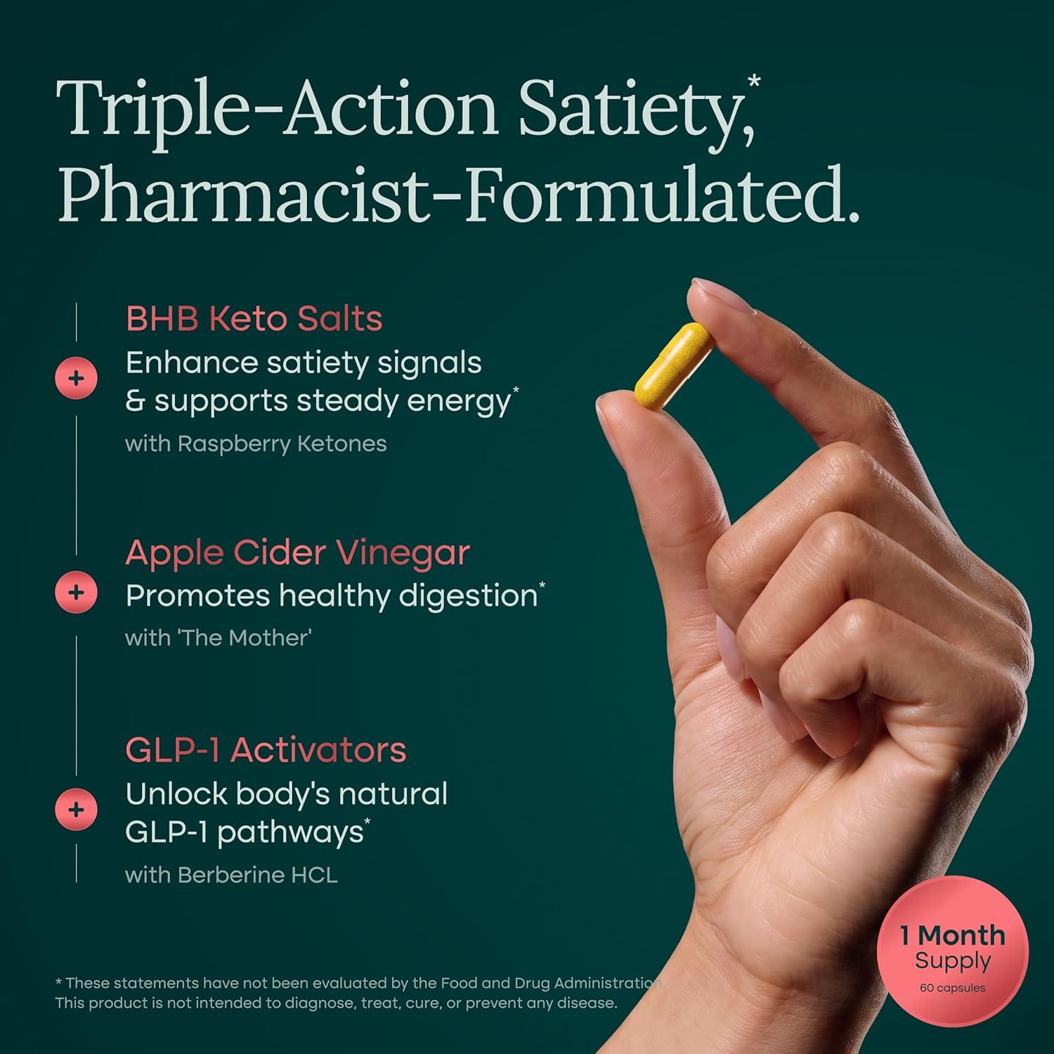 Breaks down the product's triple-action formula into three distinct benefit zones, each highlighting a different ingredient and its role in satiety, digestion, and GLP-1 activation.