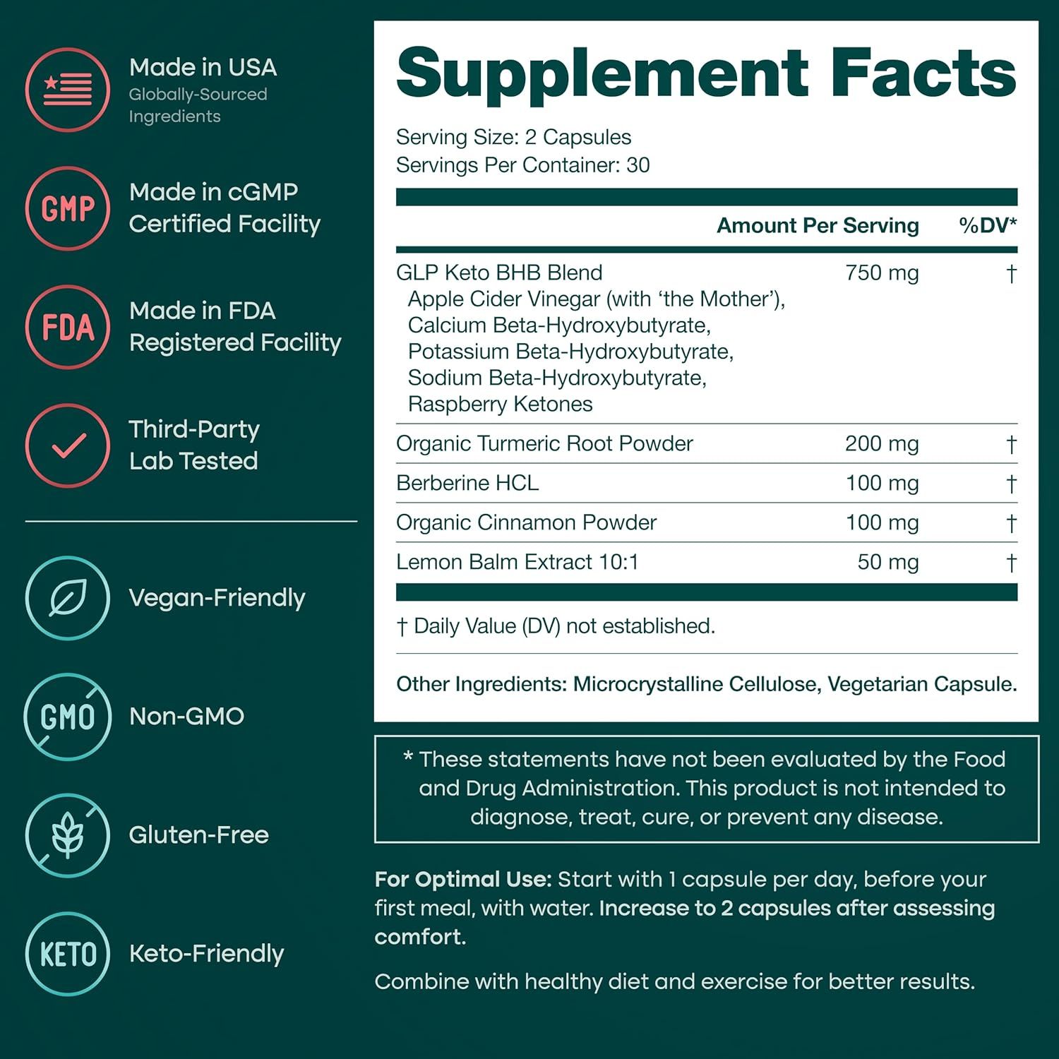 Showcases multiple safety certifications, manufacturing standards, and dietary compliance badges alongside the supplement facts panel to reassure shoppers of product quality and safety.