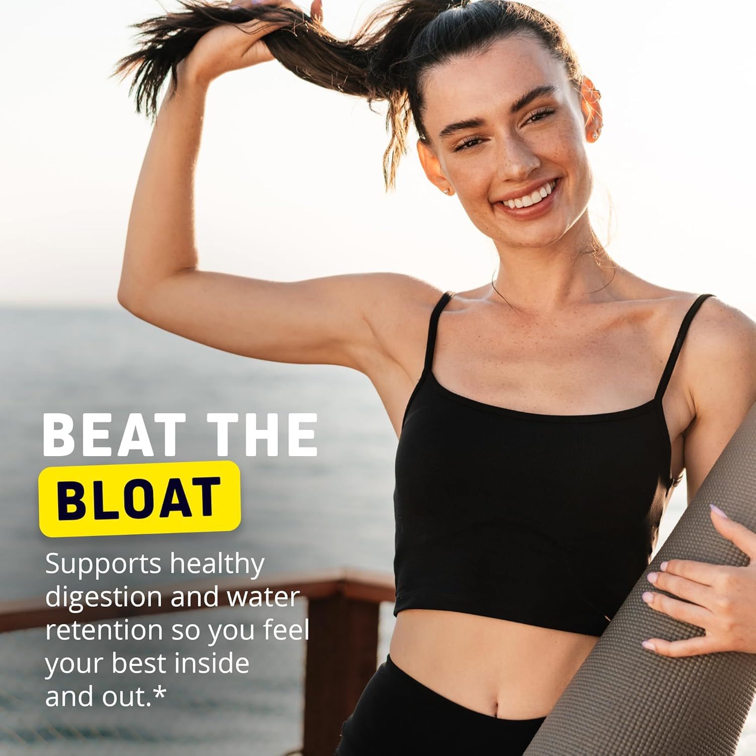 Shows the product in a real-world fitness context with a happy customer holding a yoga mat, reinforcing the lifestyle benefits of the supplement. Communicates the product's ability to reduce…