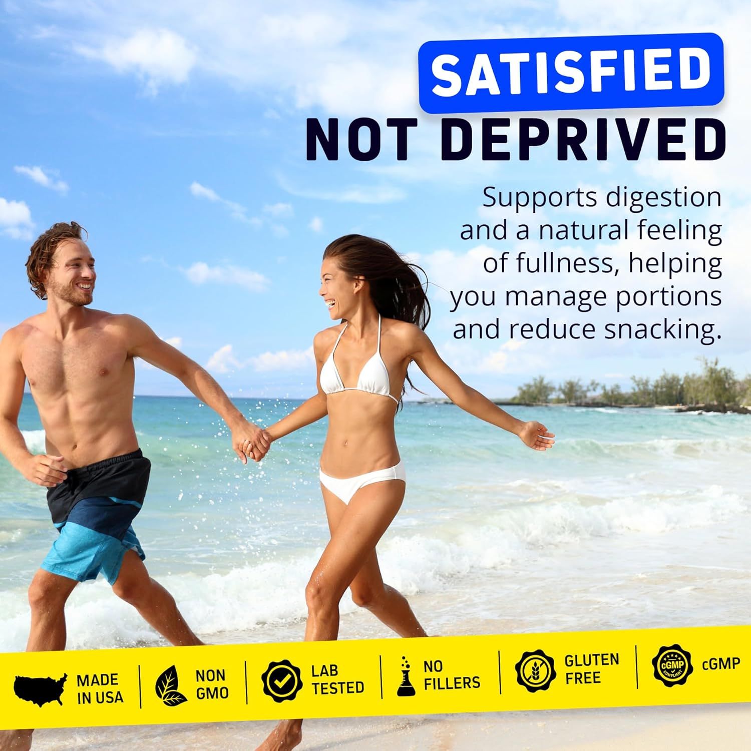 Emphasizes the product's ability to promote natural fullness and help manage portions without deprivation, supported by safety and quality certifications. Displays multiple quality and safety…