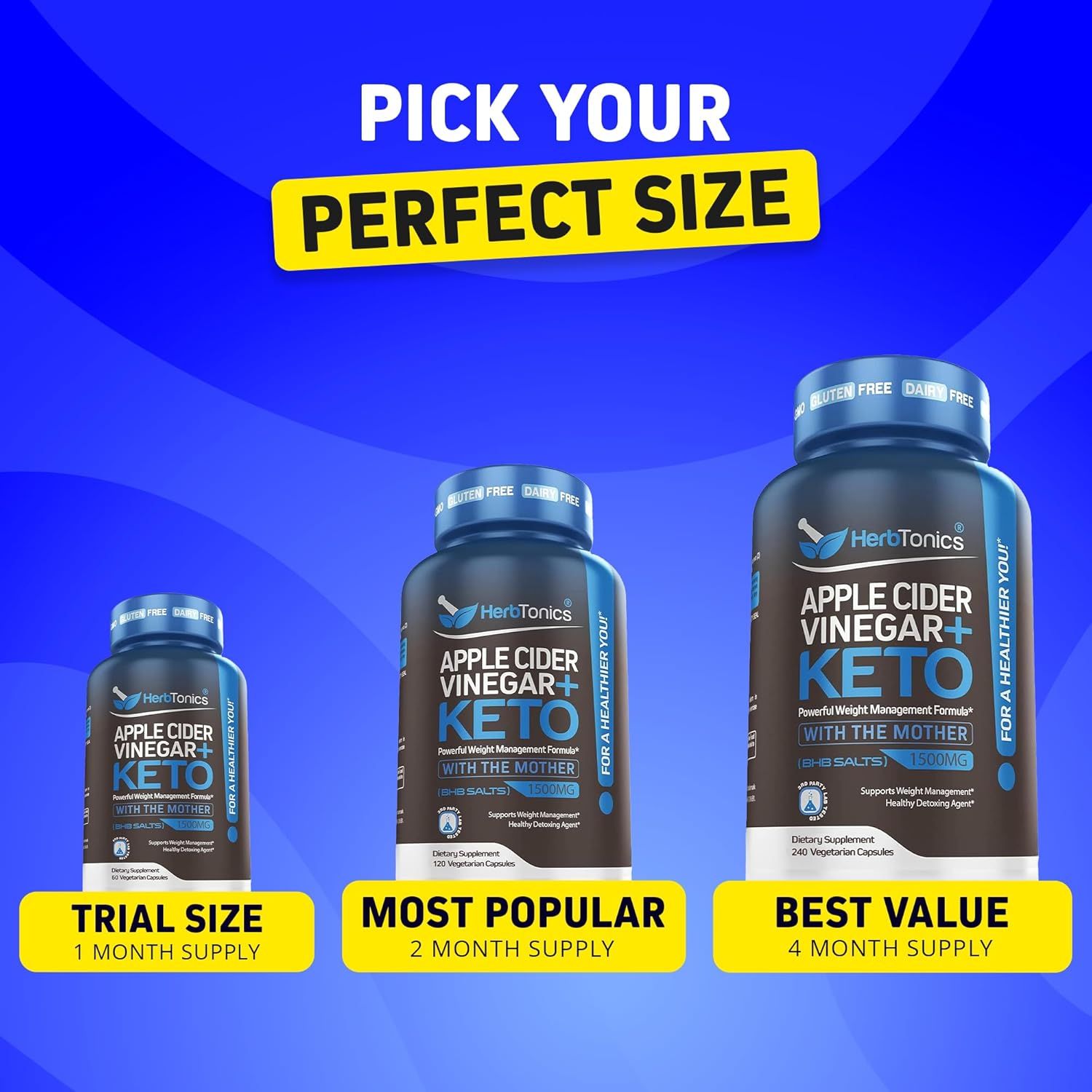 Helps shoppers choose the right size option by displaying the brand's product lineup with three different supply durations: trial, most popular, and best value.