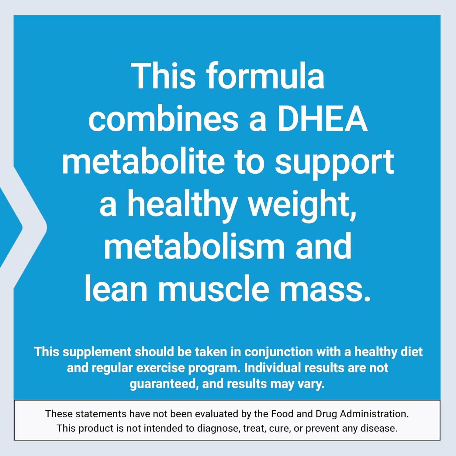 Explains the core formula mechanism combining DHEA metabolite with other ingredients to support weight management, metabolism, and lean muscle mass.