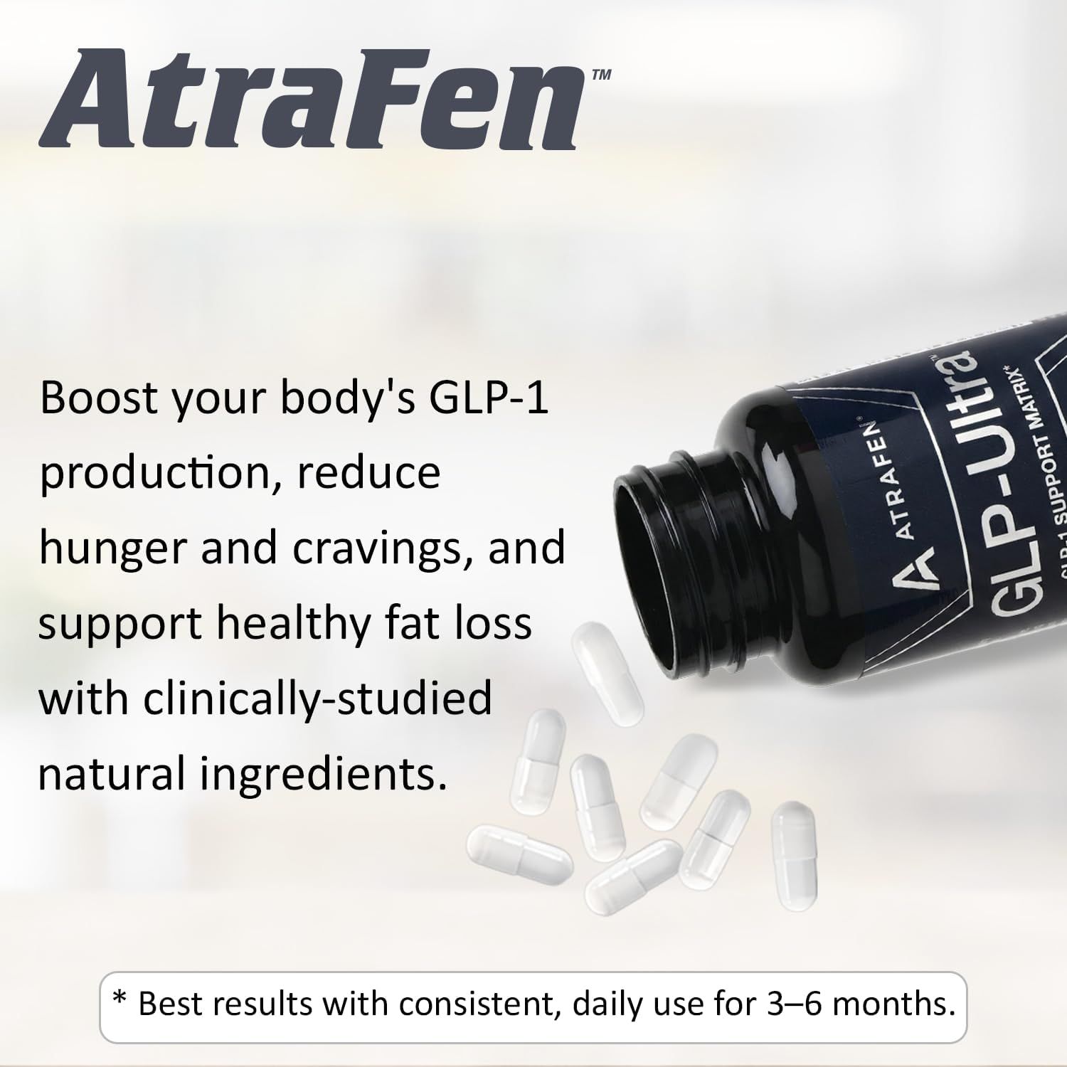 Communicates multiple key benefits of the supplement including GLP-1 support, appetite control, and fat loss to persuade shoppers of the product's comprehensive effectiveness.