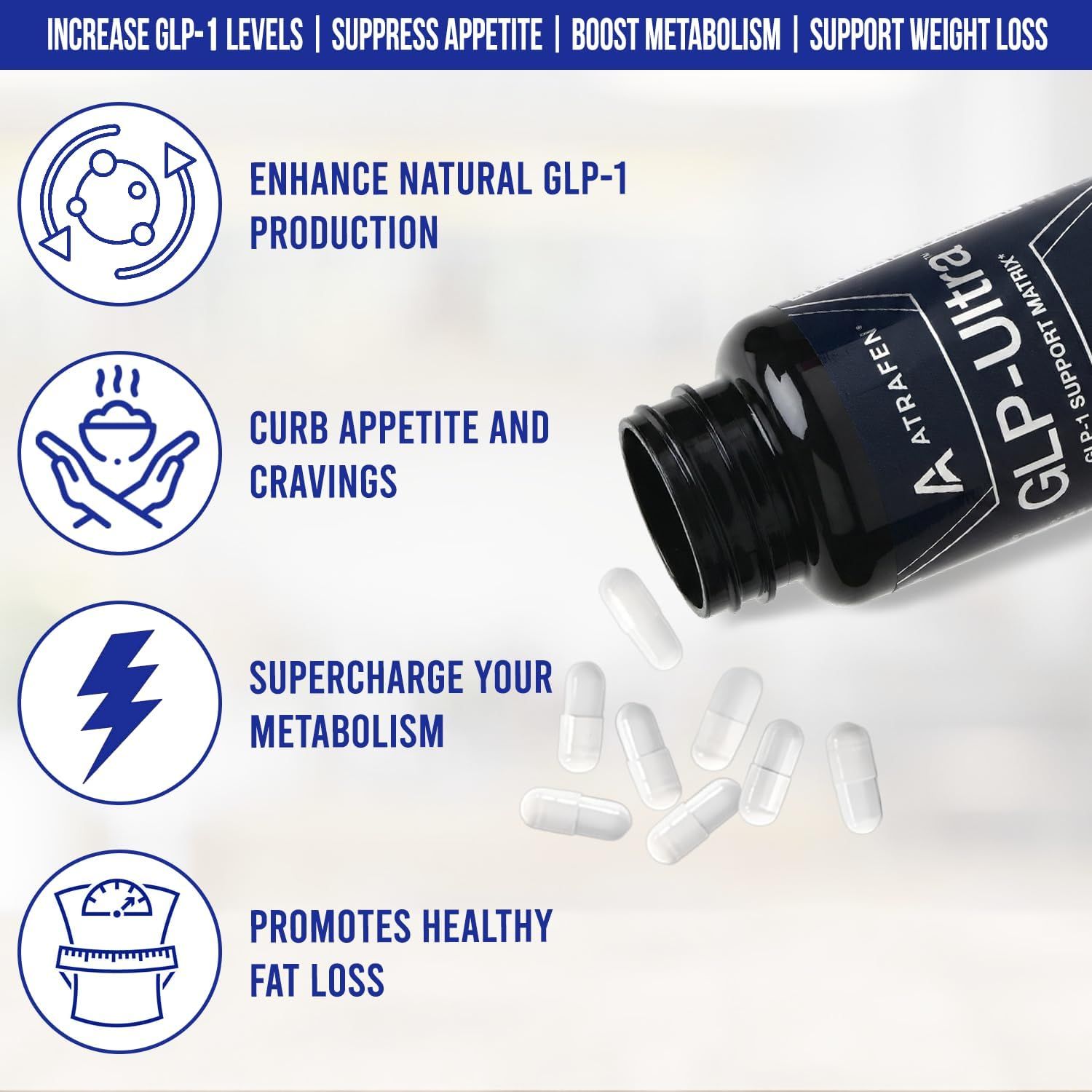 Presents four distinct health benefits in a segmented icon layout to communicate the comprehensive wellness support the supplement provides for weight management.