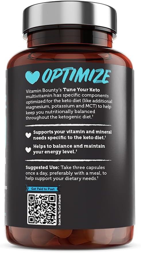 Communicates multiple benefits of the keto multivitamin including vitamin/mineral support specific to keto diet and energy level maintenance to reassure shoppers of comprehensive nutritional support.