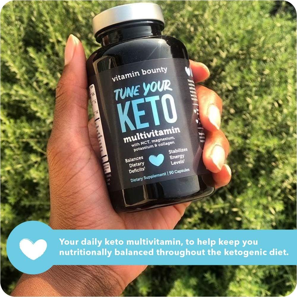 Shows the product being held in a natural outdoor setting to create an authentic lifestyle context for the keto multivitamin.