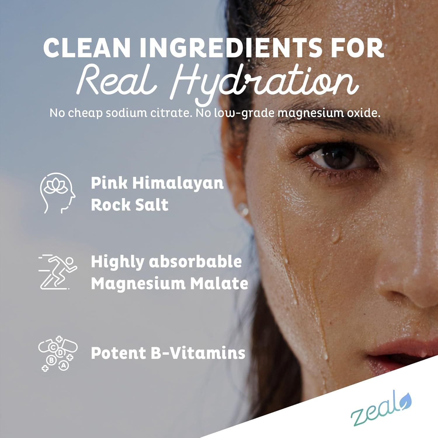 Highlights three distinct premium ingredient benefits in a segmented layout to communicate the clean, high-quality formulation for real hydration.