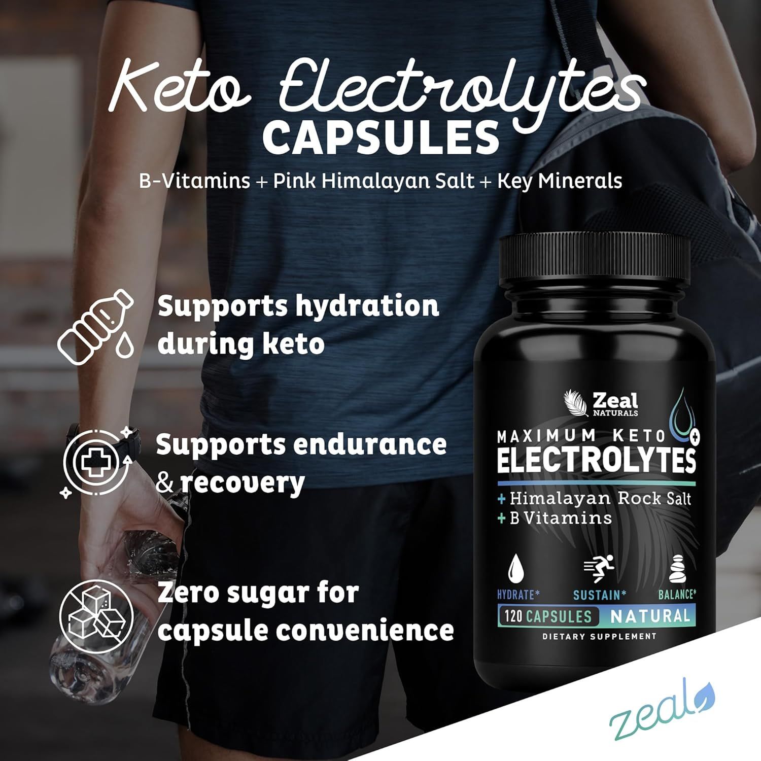Showcases three distinct benefits of the keto electrolyte capsules in a visually segmented layout to communicate versatility and effectiveness for active lifestyles.