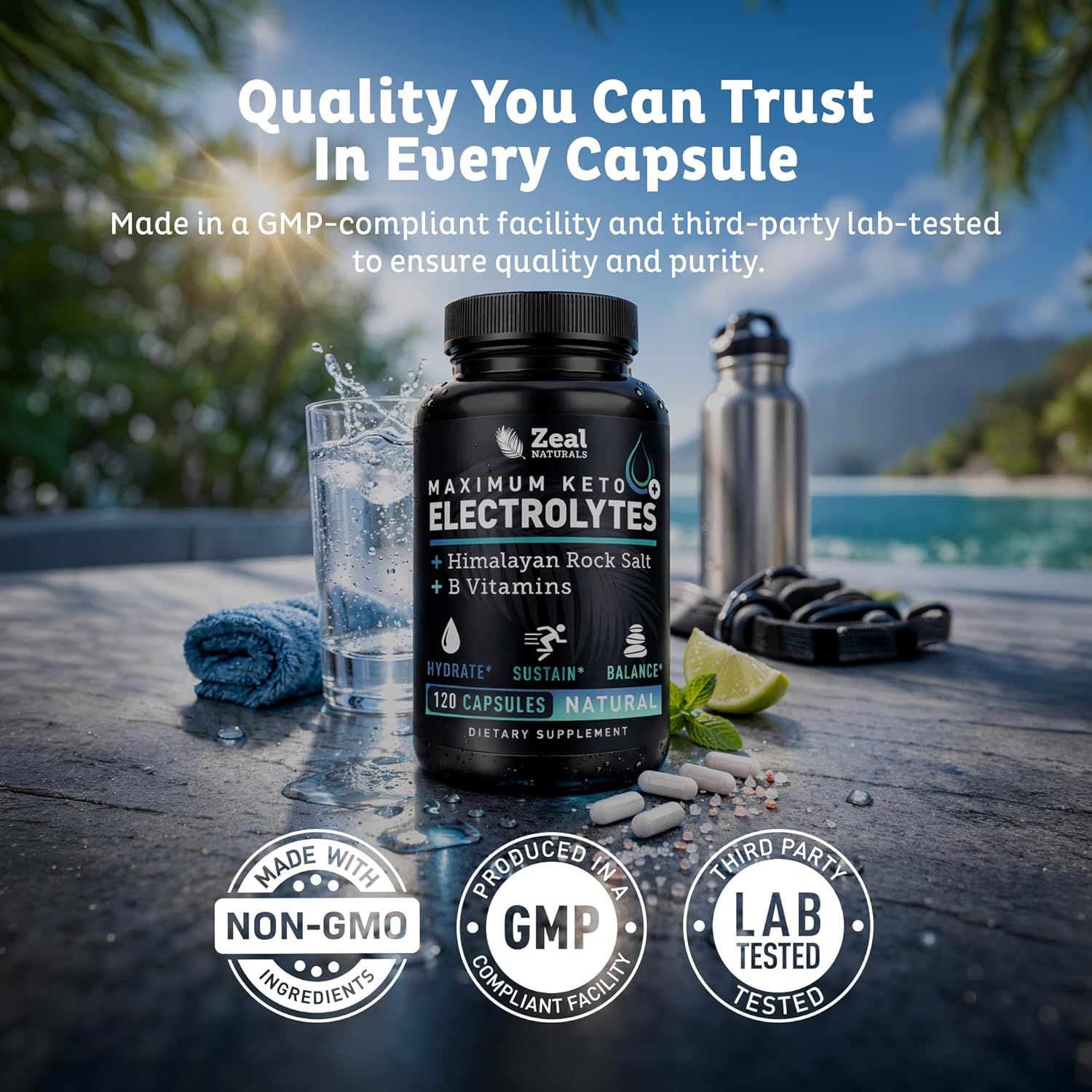 Reassures shoppers about product quality and safety through prominent display of certifications including Non-GMO ingredients, GMP-compliant manufacturing, and third-party lab testing. Communicates…