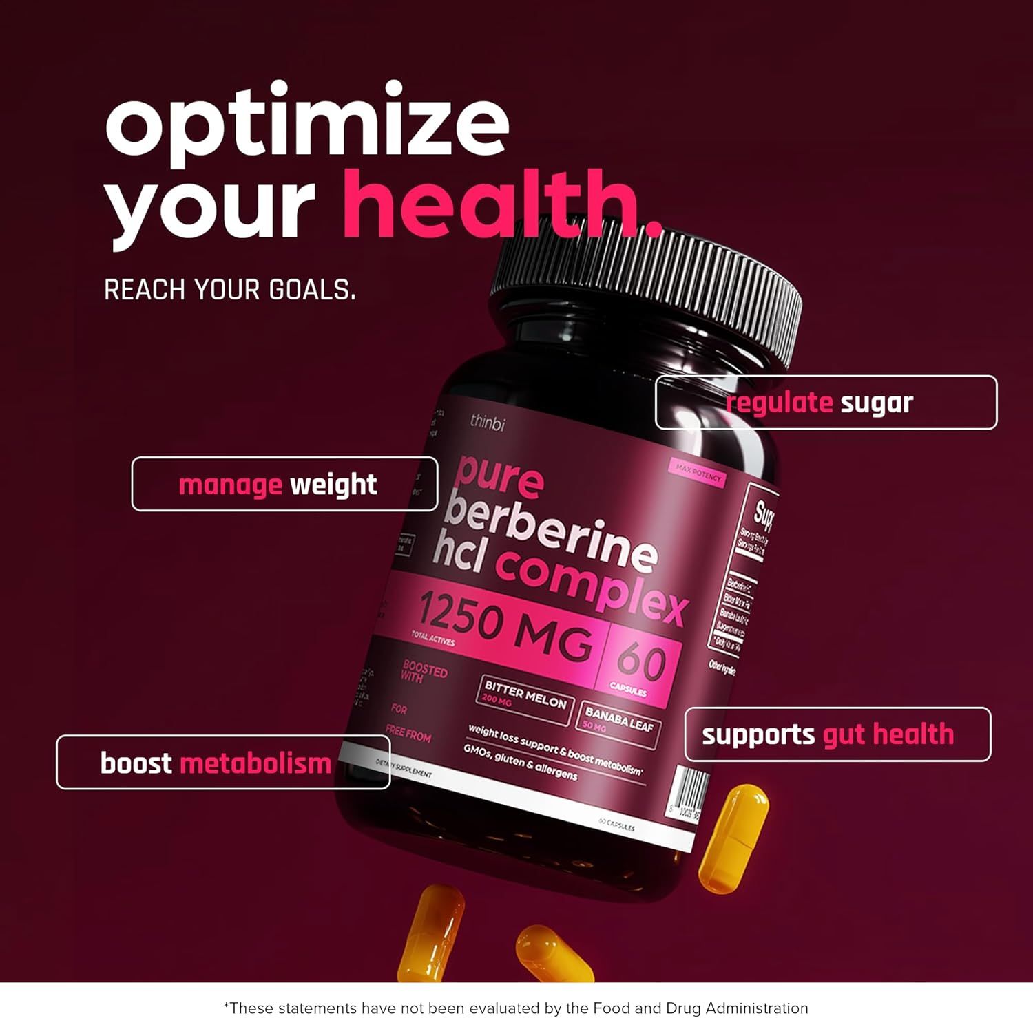Highlights multiple health benefits of the berberine supplement in a segmented callout layout to show shoppers the product addresses several wellness goals at once.