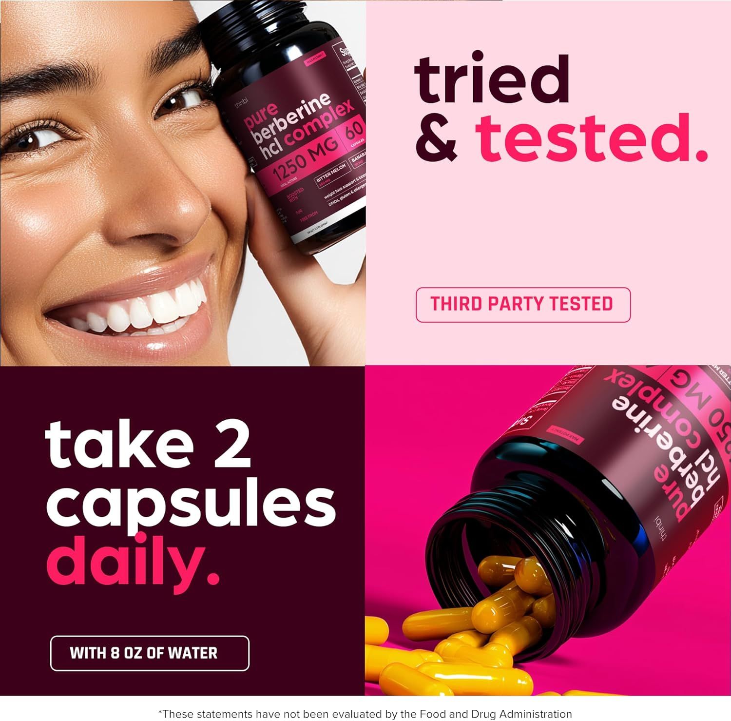 Communicates product quality through third-party testing and provides clear usage instructions in a segmented multi-panel layout to build trust and guide proper use.