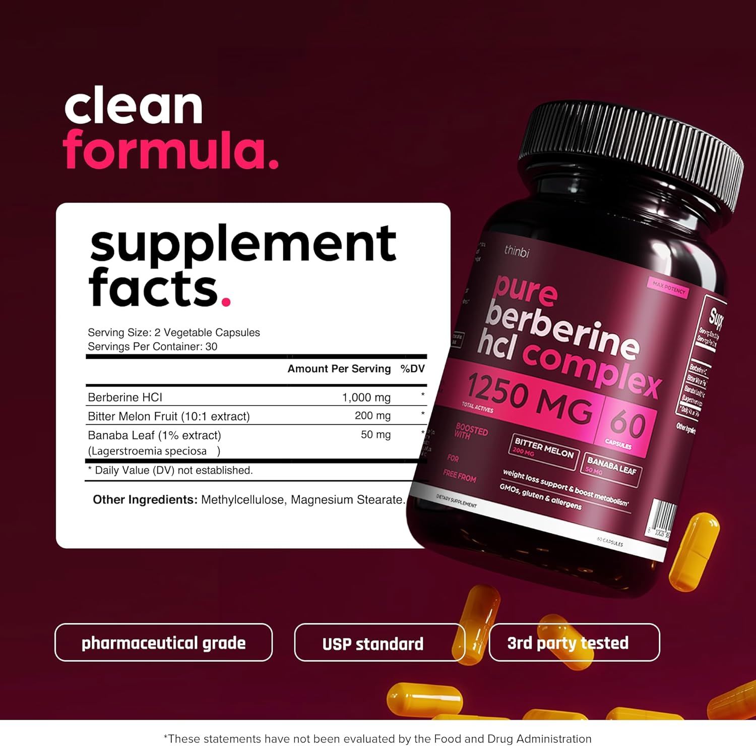Displays detailed supplement facts panel alongside quality certifications in a segmented layout to provide transparency and build trust through multiple quality assurances.