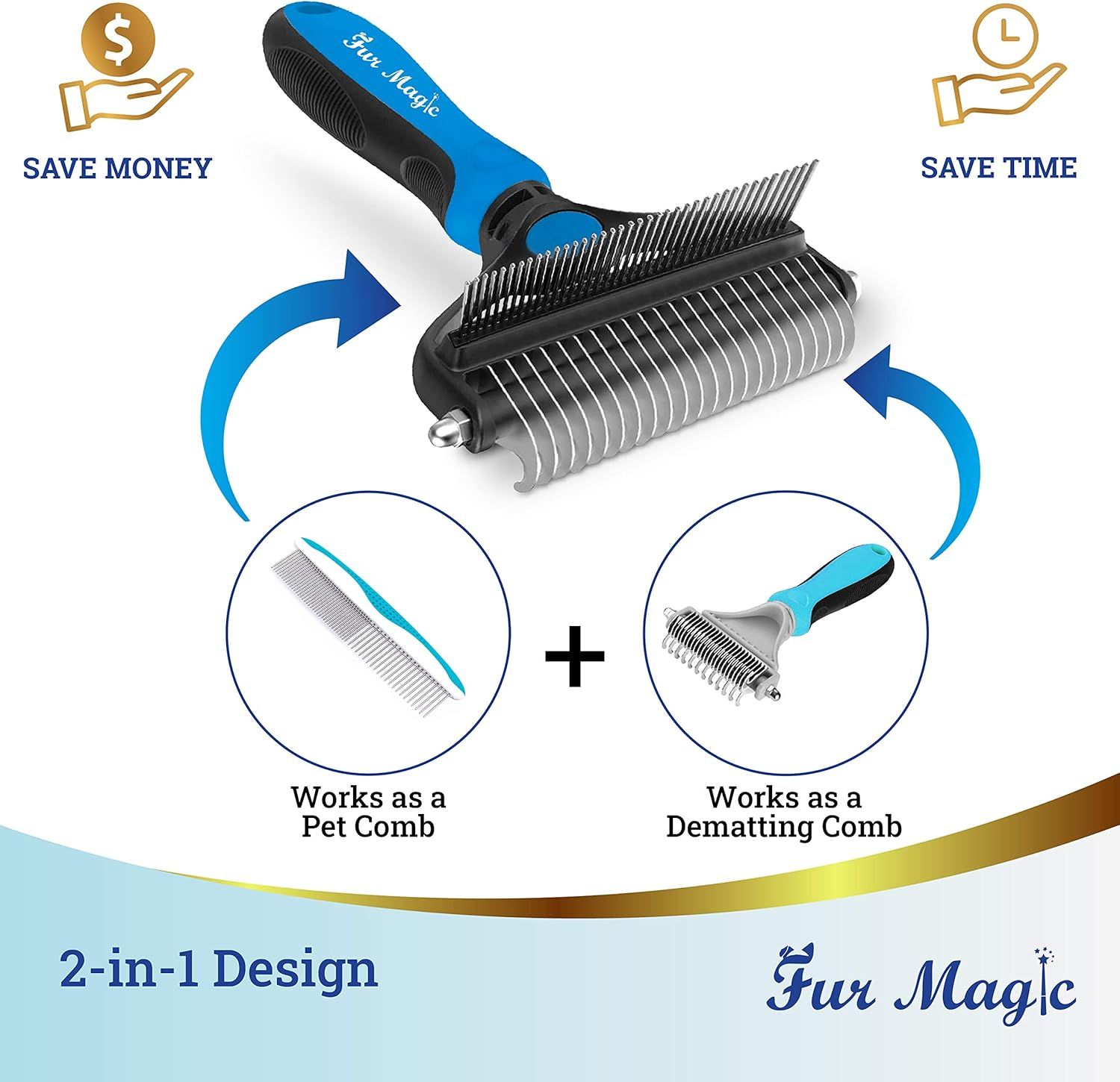 Demonstrates the multiple use cases of the product, showing it can function both as a pet comb and a dematting comb, emphasizing versatility and value. Communicates the overarching benefit of the…