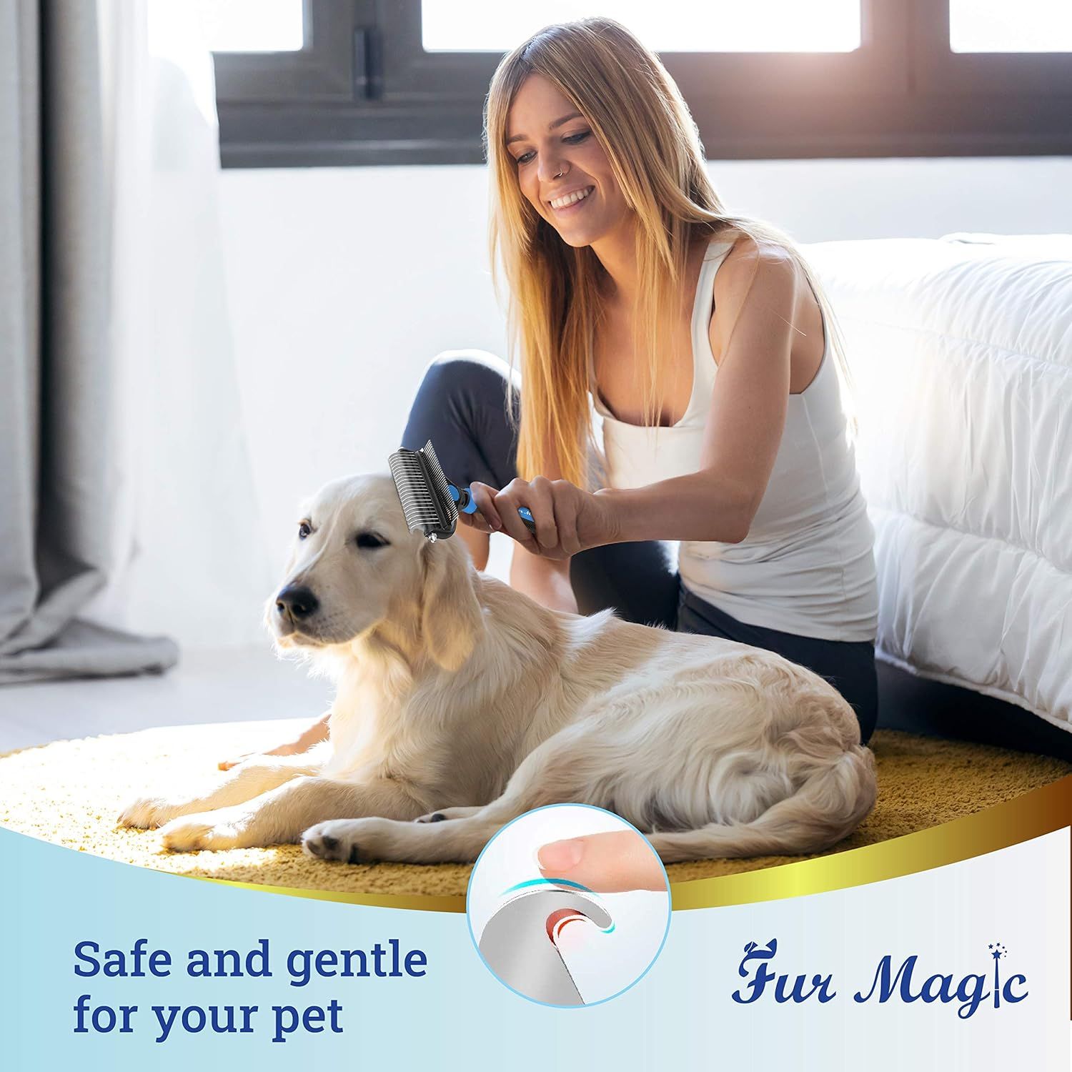 Reassures shoppers that the grooming tool is designed with pet safety in mind, featuring a gentle design that won't harm their pet during grooming.