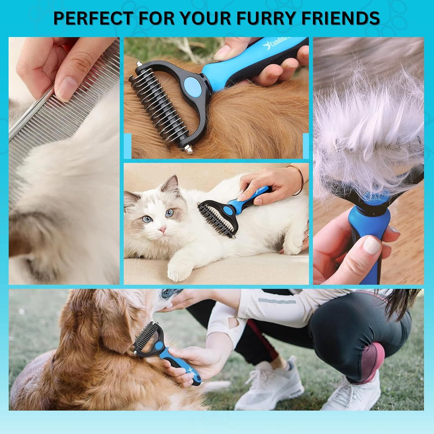 Demonstrates the product in multiple real-world grooming scenarios with different pets, showing its versatility and effectiveness for various furry friends.