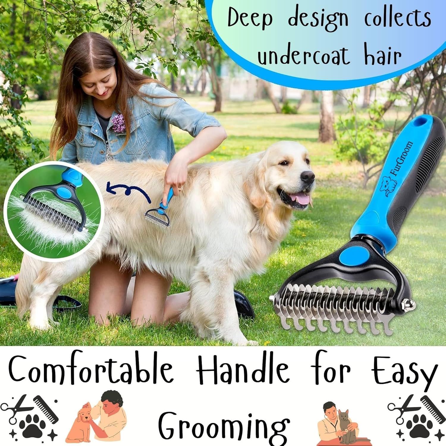 Highlights the product's ability to effectively collect undercoat hair with a comfortable ergonomic handle, demonstrating ease of use in a real-world outdoor grooming scenario.