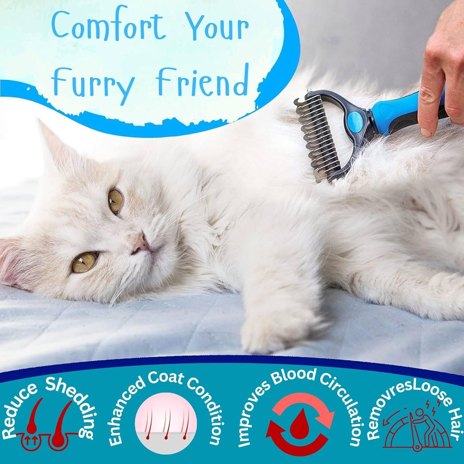 Communicates multiple grooming and health benefits in a segmented layout at the bottom of the image to reassure pet owners of comprehensive care and comfort for their pets.