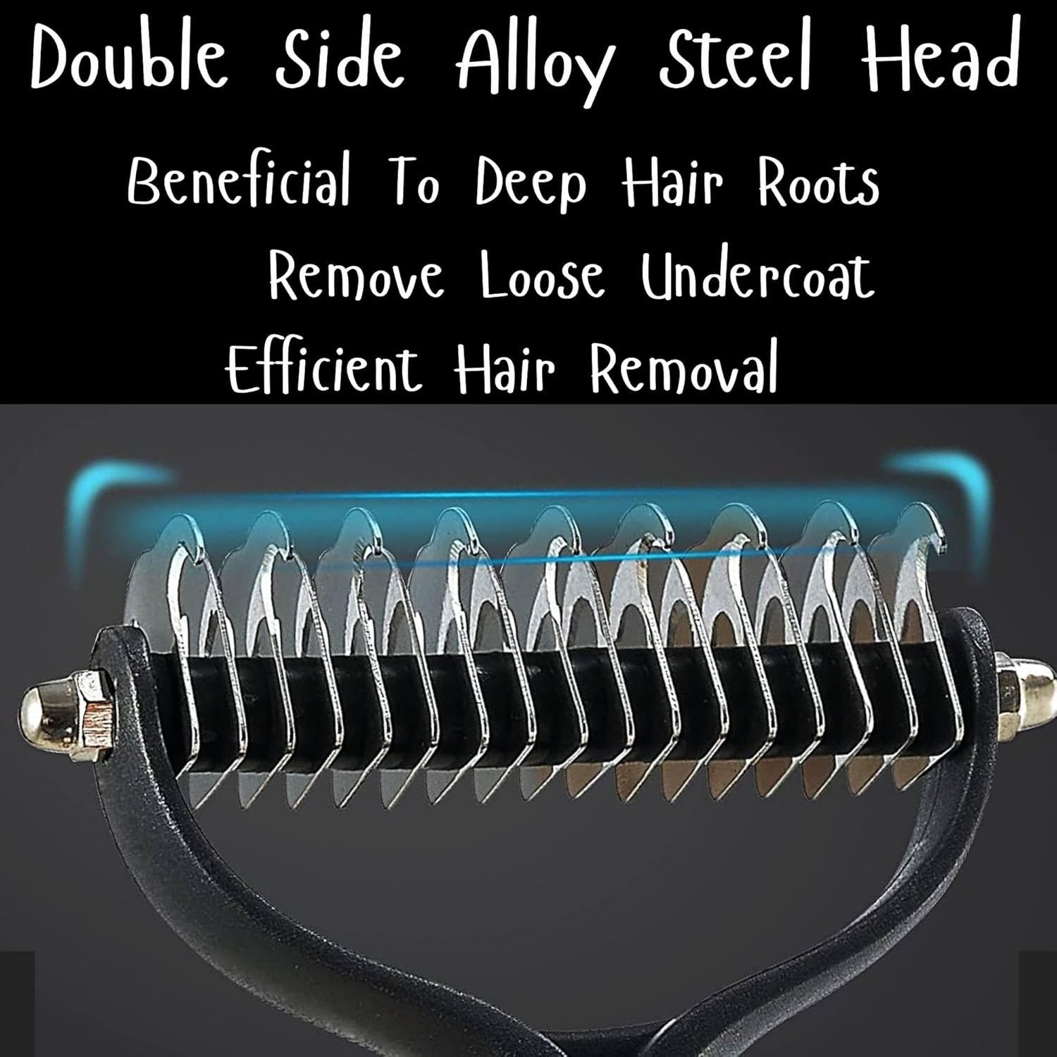Highlights the dual-sided alloy steel head design and its effectiveness in removing loose undercoat hair and reaching deep hair roots for efficient grooming.
