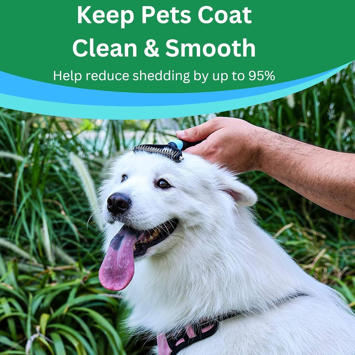 Highlights the quantifiable performance claim that the product reduces shedding by up to 95%, reassuring shoppers of its effectiveness. Communicates the primary benefit of keeping pets' coats clean…