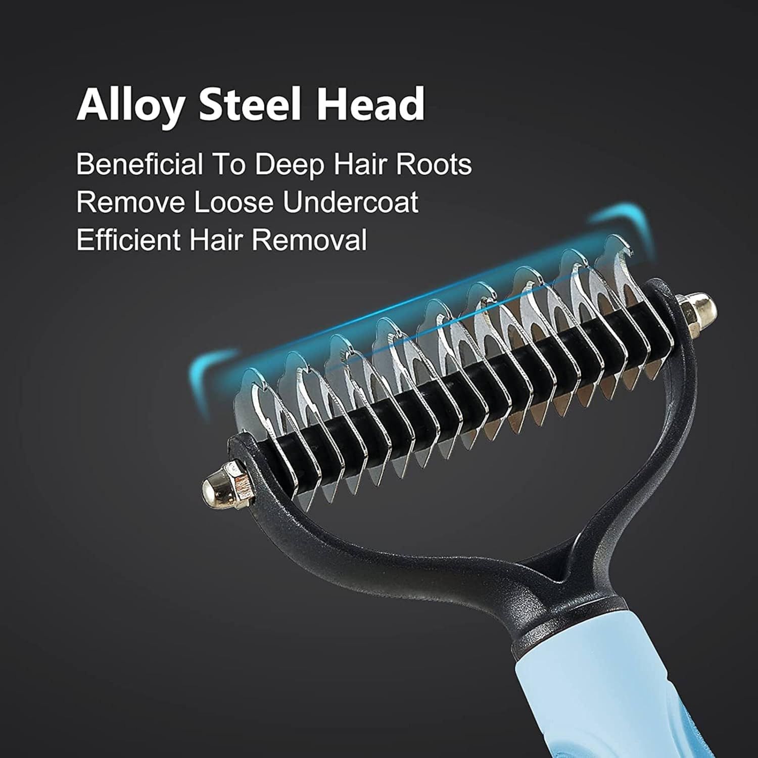 Highlights the alloy steel head feature and its benefits for deep hair root grooming and efficient hair removal in a simple, focused layout.