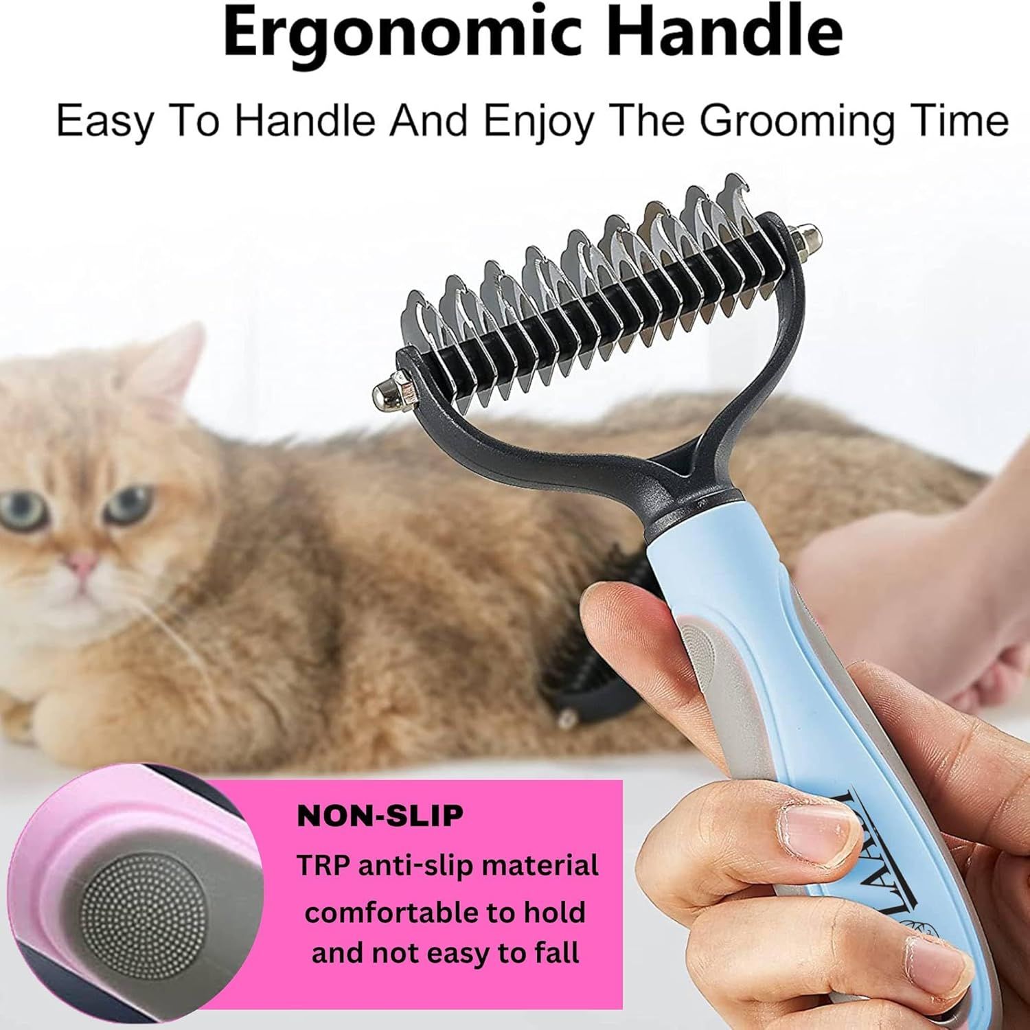 Communicates the ergonomic handle design and non-slip material benefit to reassure shoppers of comfortable and easy grooming experience.