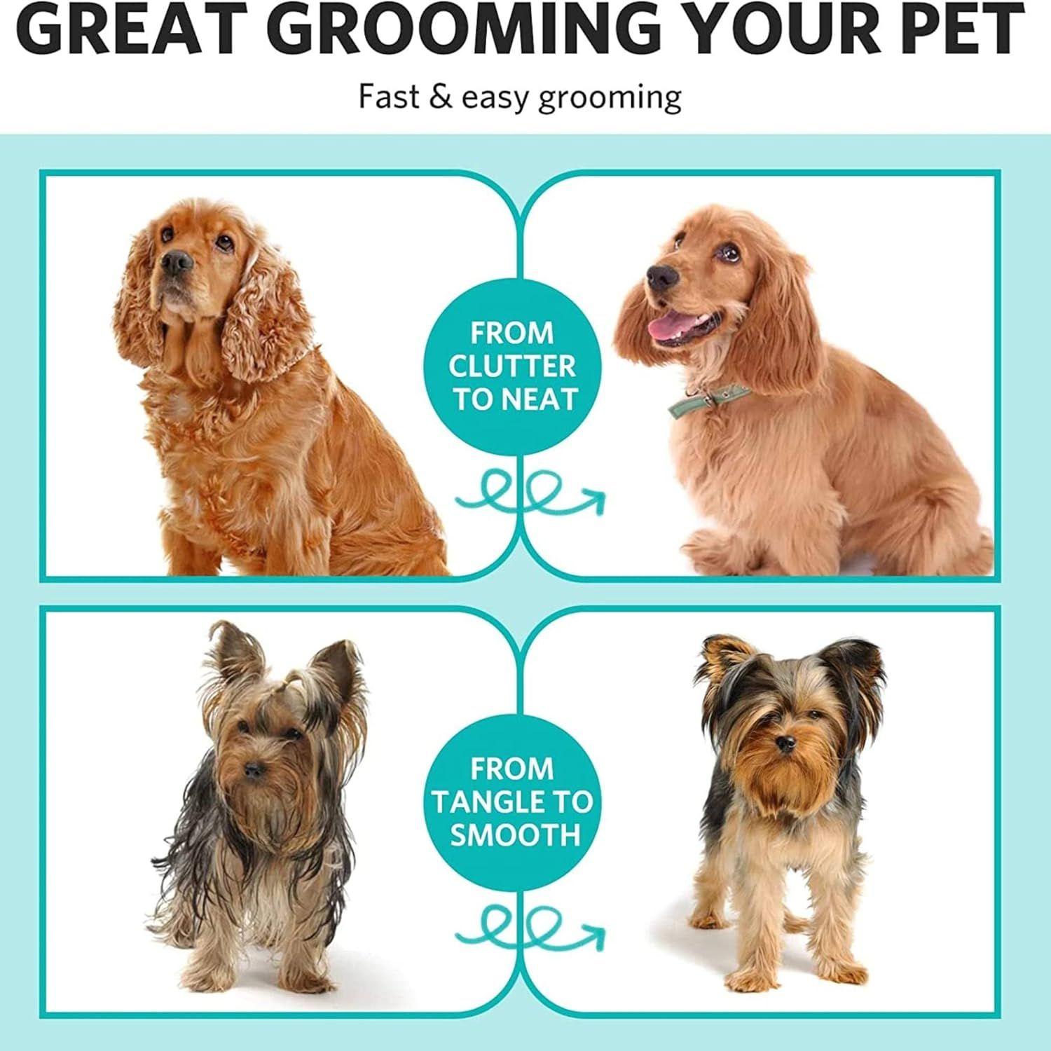 Displays the transformation results from using the grooming tool, showing before and after comparisons to prove effectiveness and reassure shoppers of visible results.