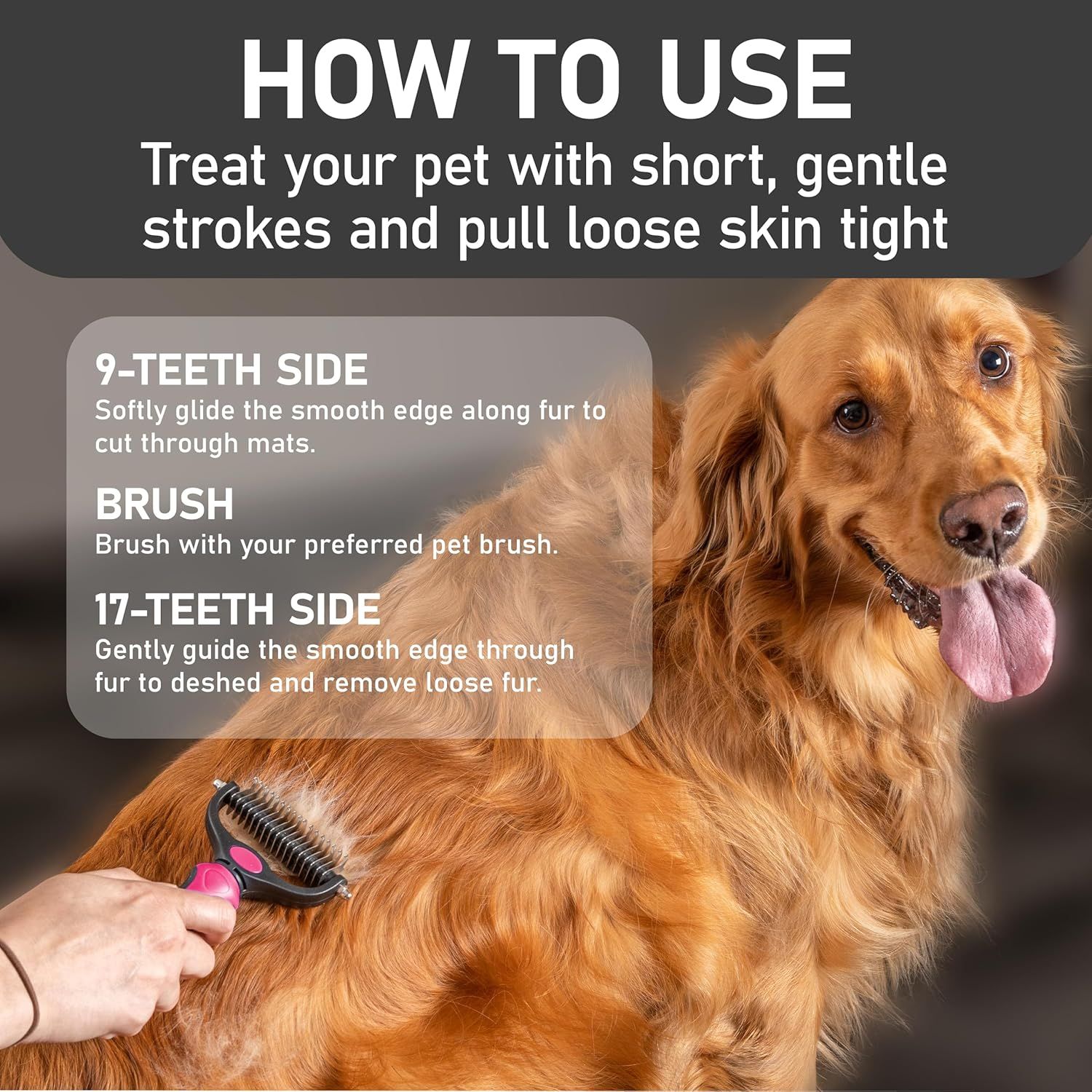 Explains how to use the dual-sided rake properly, instructing shoppers on which side to use for different grooming tasks.