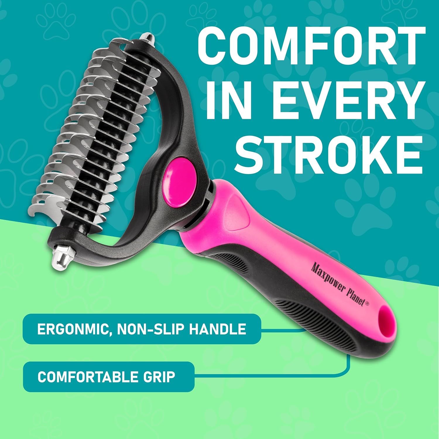 Highlights the physical design features of the handle that provide comfort and control during grooming. Communicates the benefit of a comfortable, ergonomic design that makes grooming easier and…