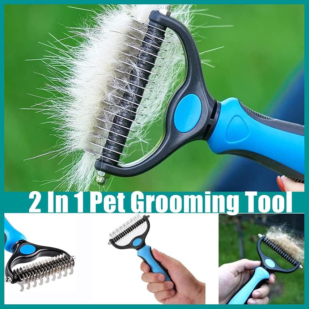 Demonstrates the versatility of the pet grooming tool by showing it in action with multiple product views and usage scenarios, emphasizing its dual functionality.