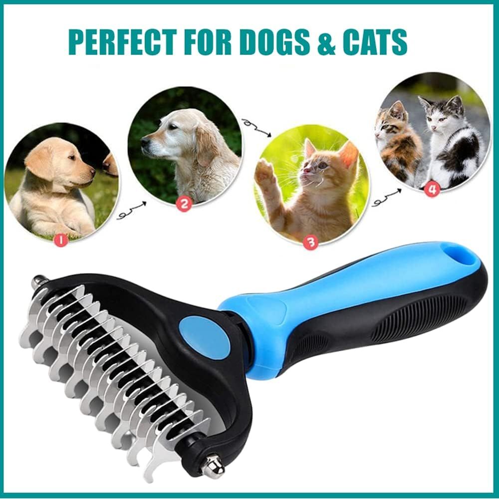 Demonstrates that the grooming tool works for multiple pet types (dogs and cats) to communicate versatility and broad applicability. Highlights the overarching benefit that this single tool works…