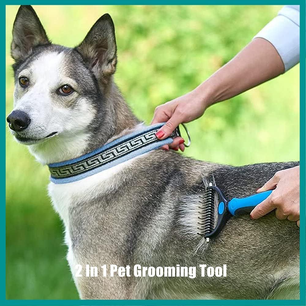 Shows the product being used on a dog in a real outdoor setting to help shoppers visualize the grooming experience, with minimal text overlay.