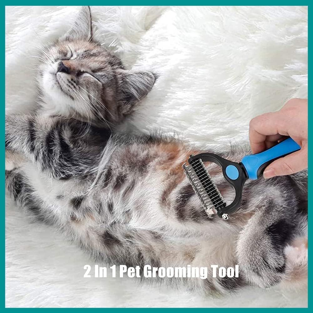 Shows the product being used on a cat in a real home setting to help shoppers visualize the grooming experience with feline pets, with minimal text overlay.
