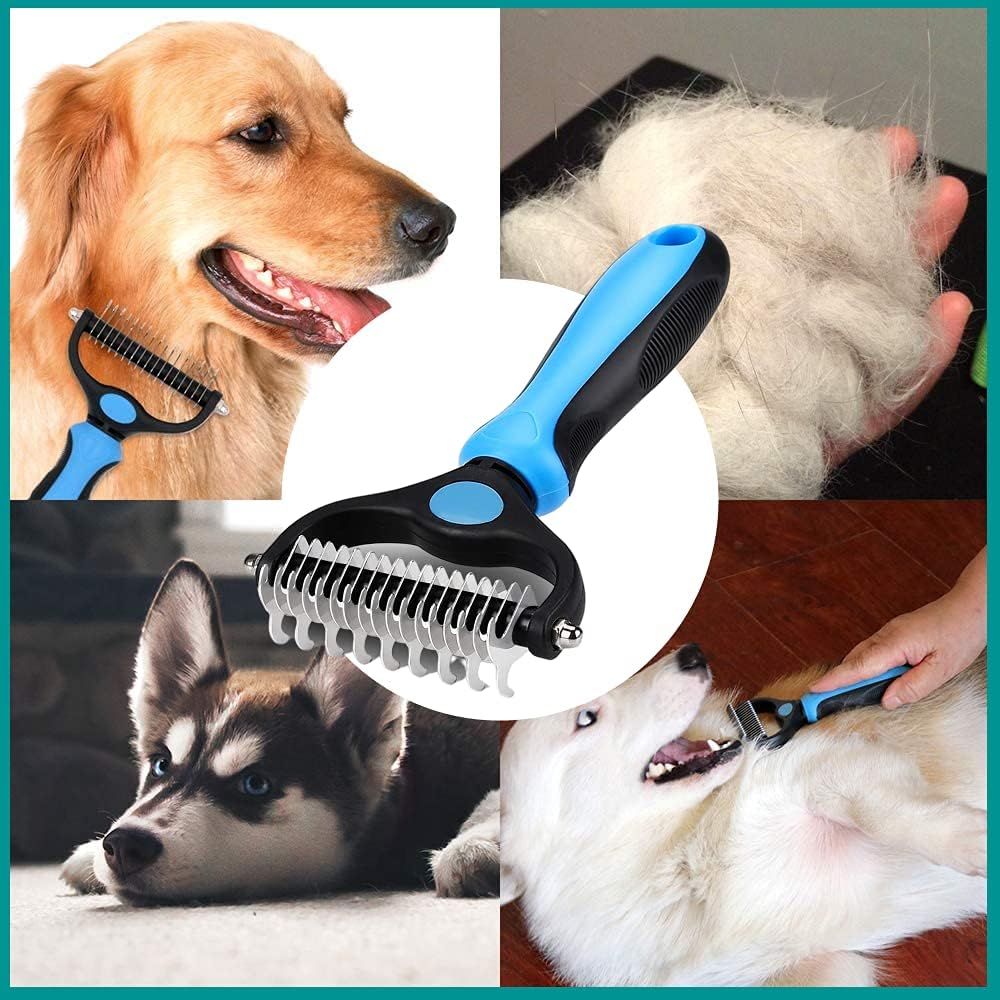 Demonstrates the product's effectiveness across multiple dog breeds and shows the de-shedding results (collected fur) to prove performance across various use cases.