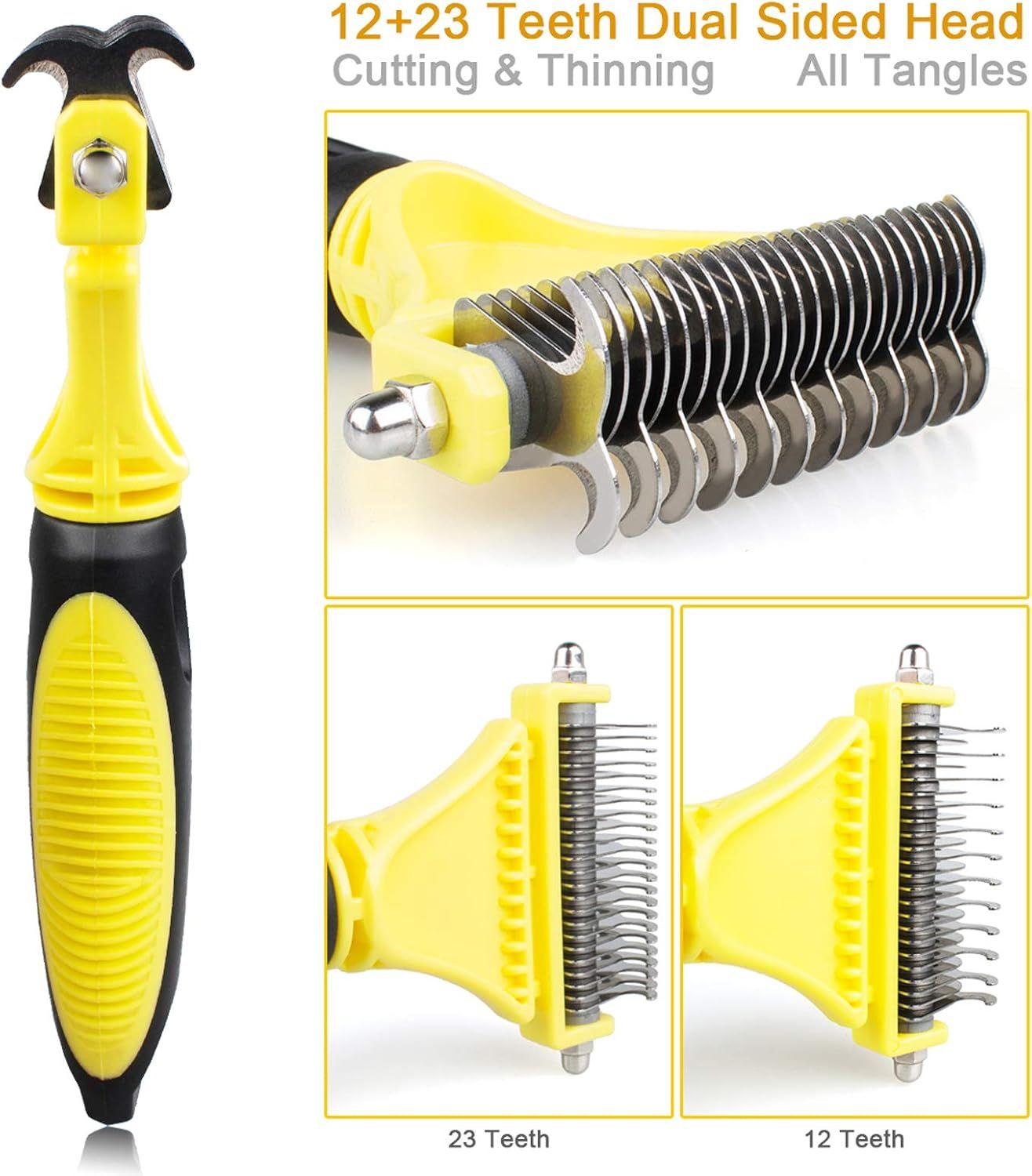 Highlights the dual-sided blade design with detailed close-ups showing the two different tooth configurations for cutting and thinning pet hair. Communicates the versatility benefit of having two…
