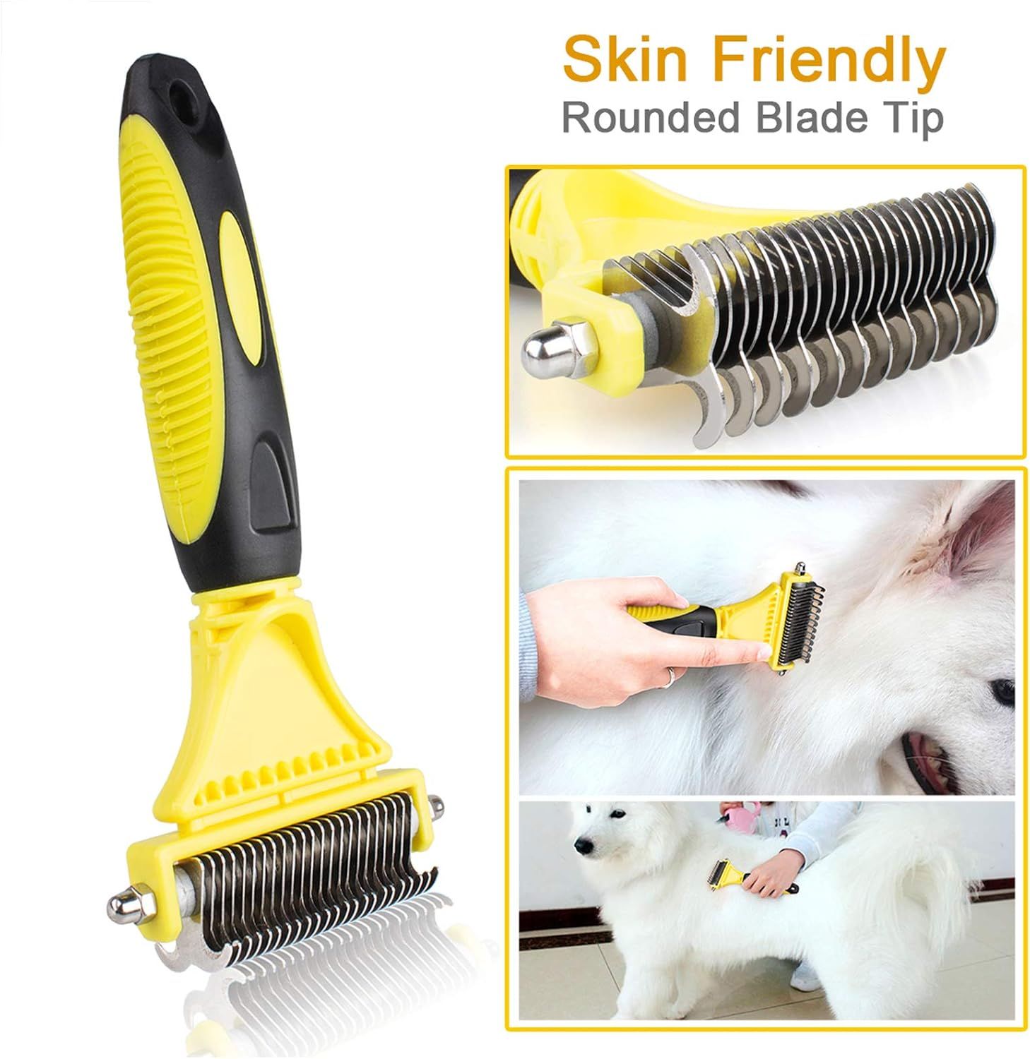 Demonstrates the safety and skin-friendly design of the rounded blade tip through product close-ups and in-use lifestyle photos with pets.