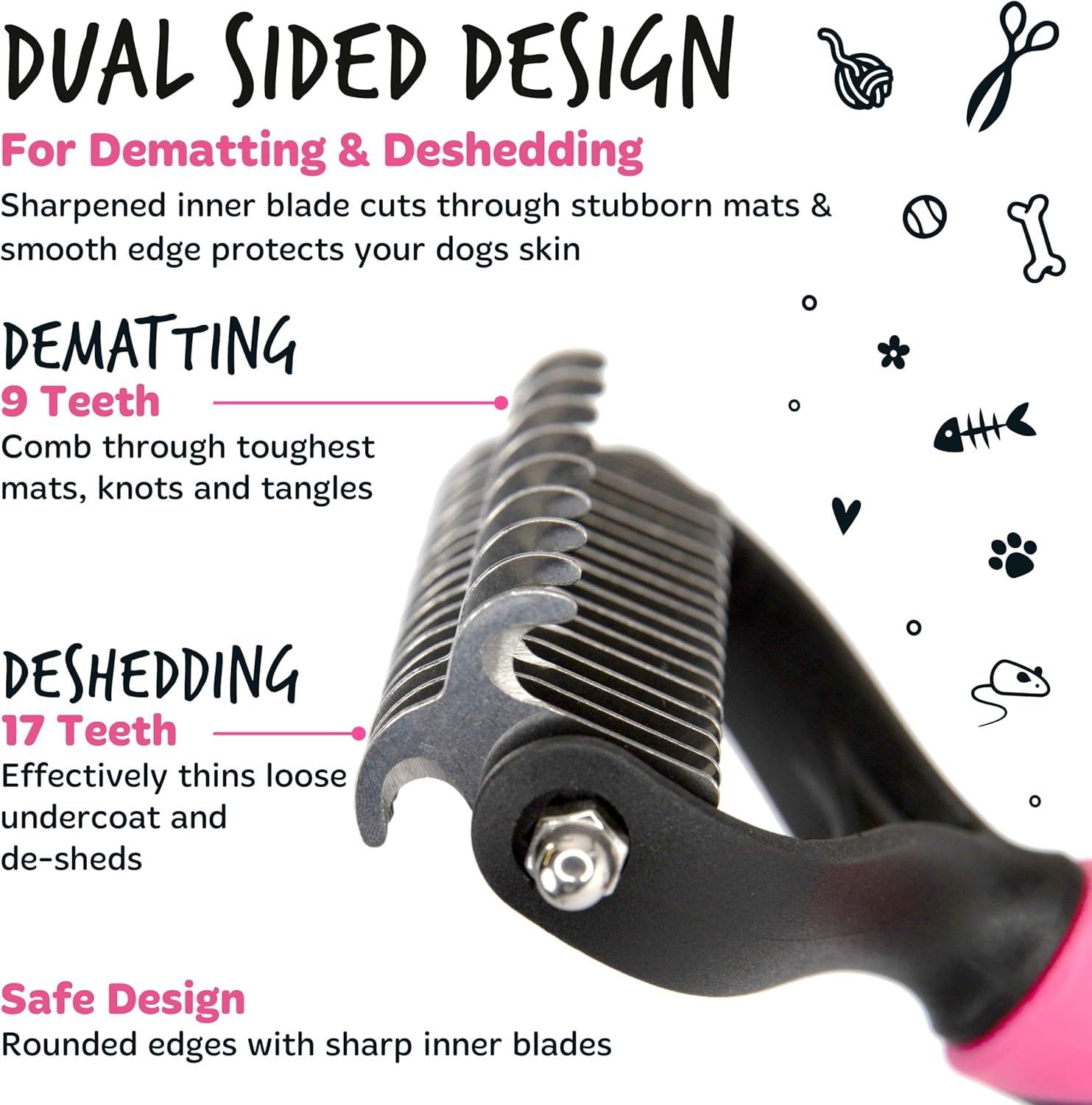 Breaks down the physical components and dual-sided functionality of the grooming rake, highlighting the dematting and deshedding sides with their respective tooth counts and safety features to help…