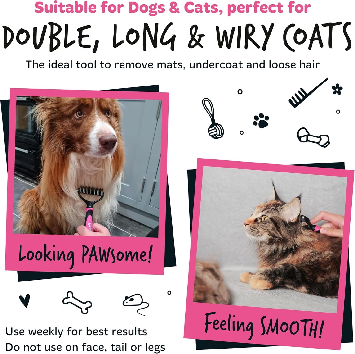 Demonstrates the multiple use cases and pet types the product is suitable for, showing it works on both dogs and cats with various coat types to reassure shoppers of its versatility.