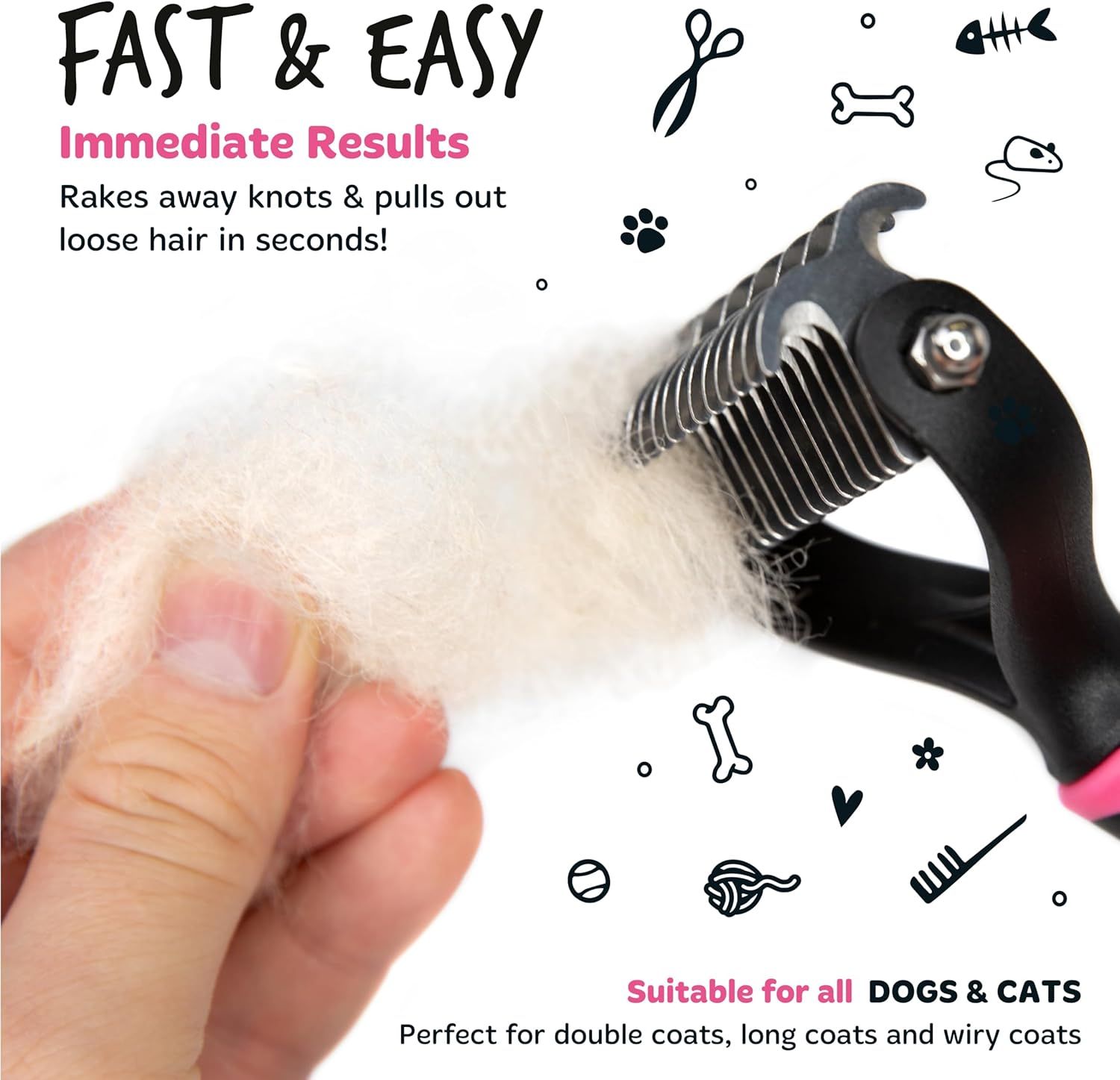Communicates the key benefit of speed and ease of use, showing the product delivers immediate results by removing knots and loose hair in seconds to reassure shoppers of its effectiveness.