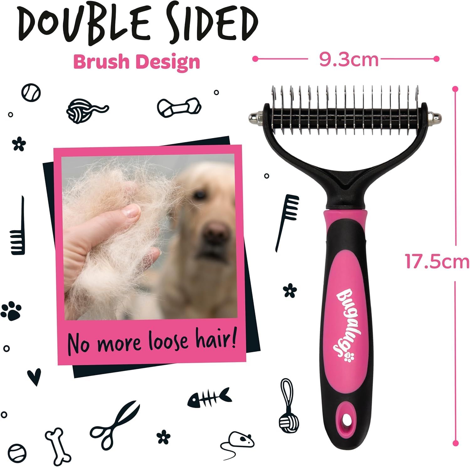 Shows the exact physical dimensions of the product with measurement arrows to help shoppers understand how big the grooming rake is.