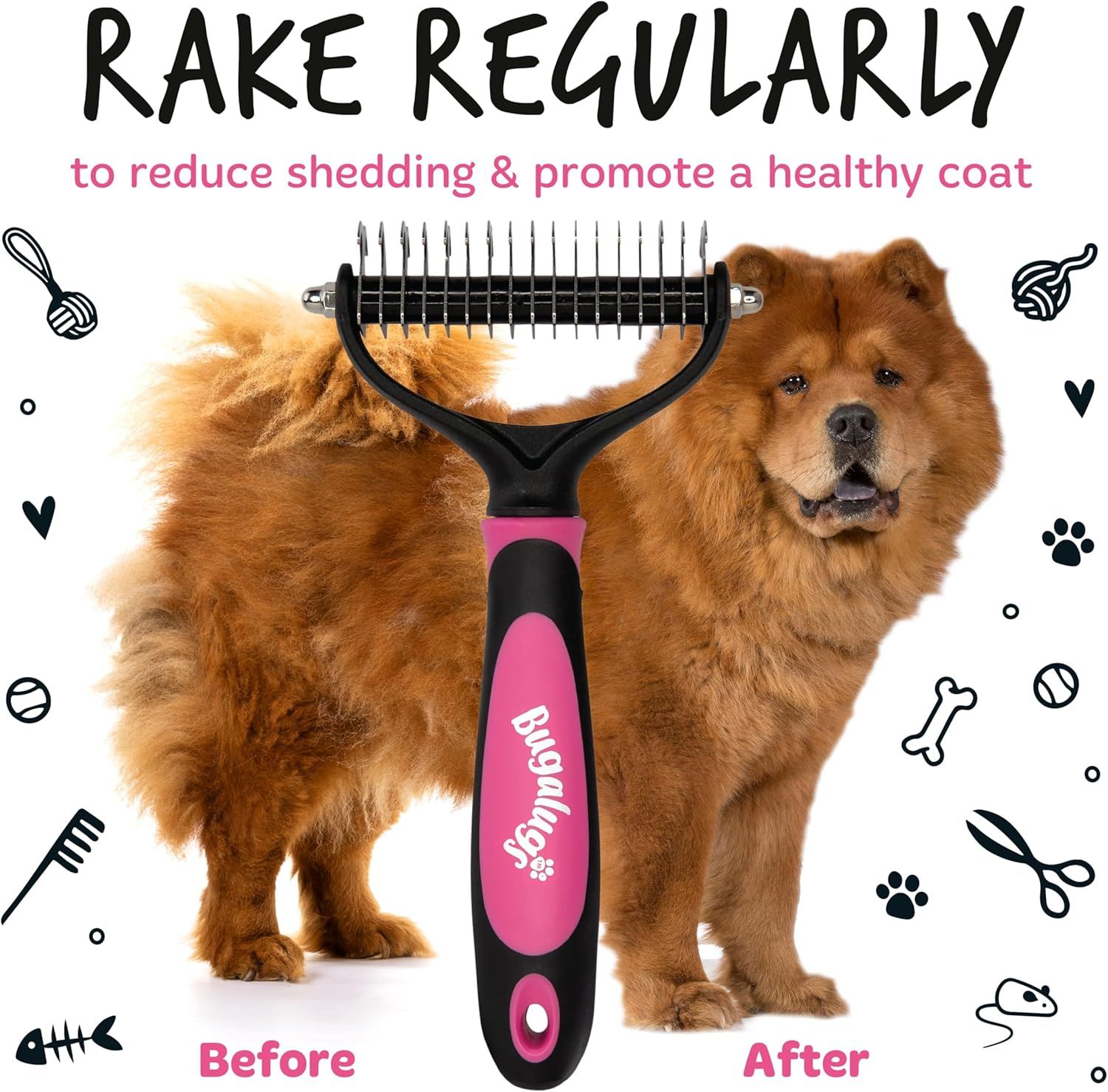 Displays a visual transformation showing the dog's coat before and after using the product, proving the effectiveness of the rake in reducing shedding and promoting a healthier coat.