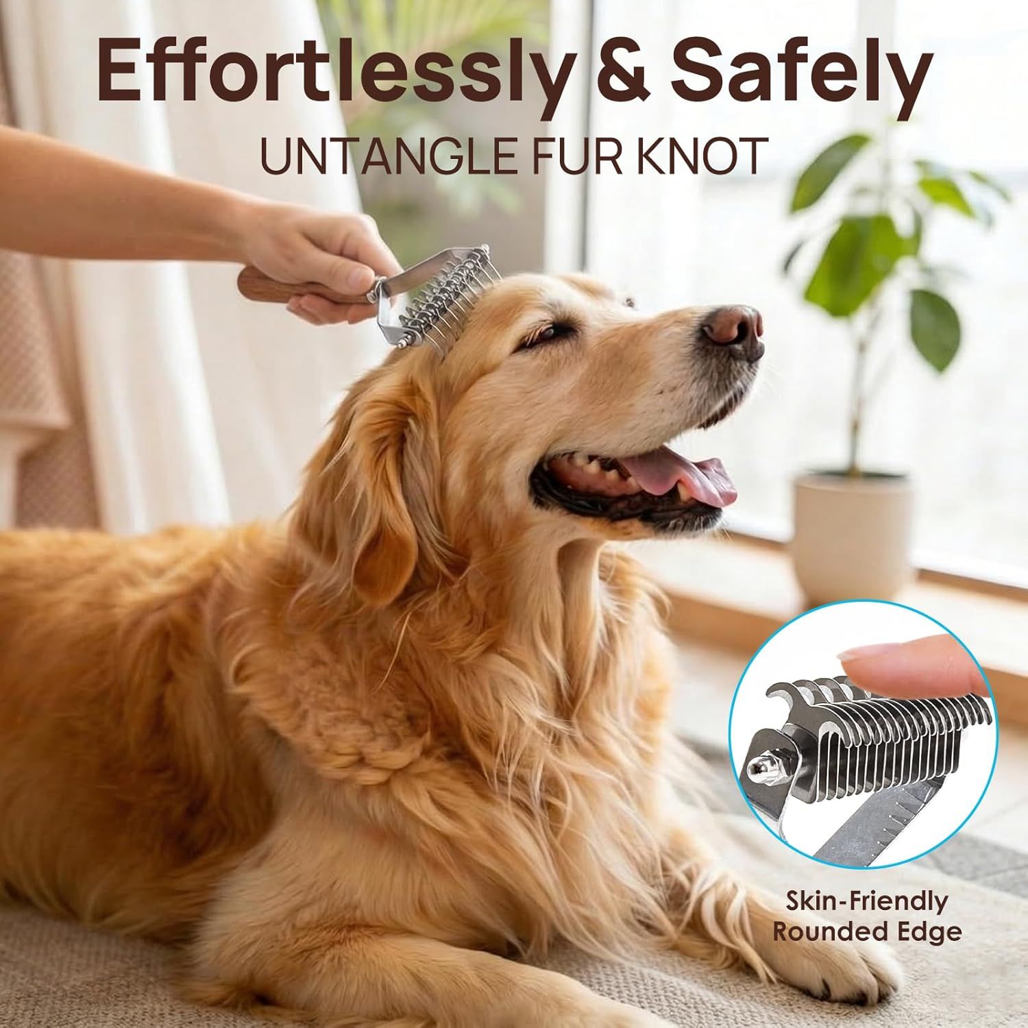 Demonstrates the product in use on a pet in a real-world setting, highlighting the ease and safety of untangling fur with a skin-friendly design.