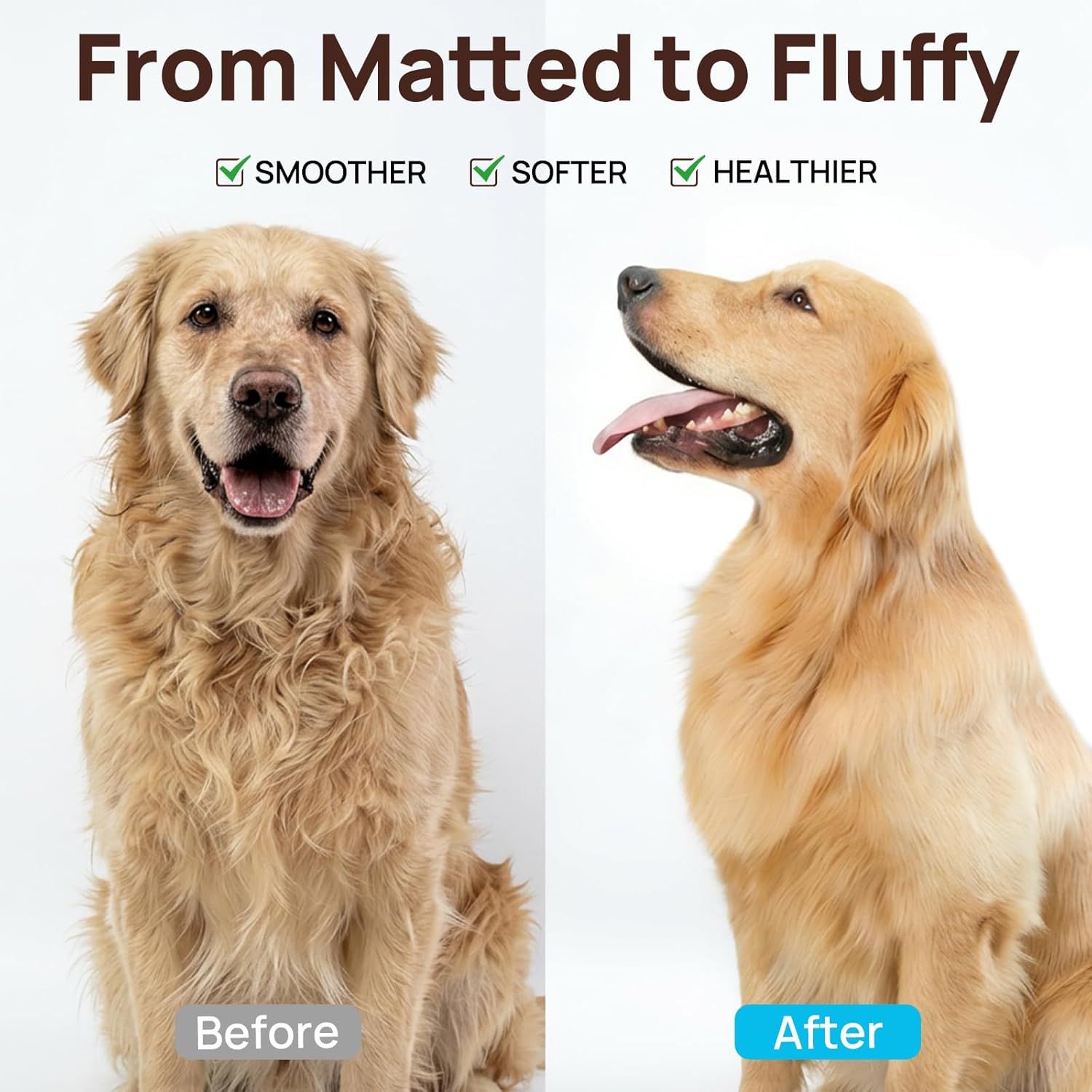 Visually proves the effectiveness of the grooming tool by showing a clear transformation from matted to fluffy, well-groomed fur.