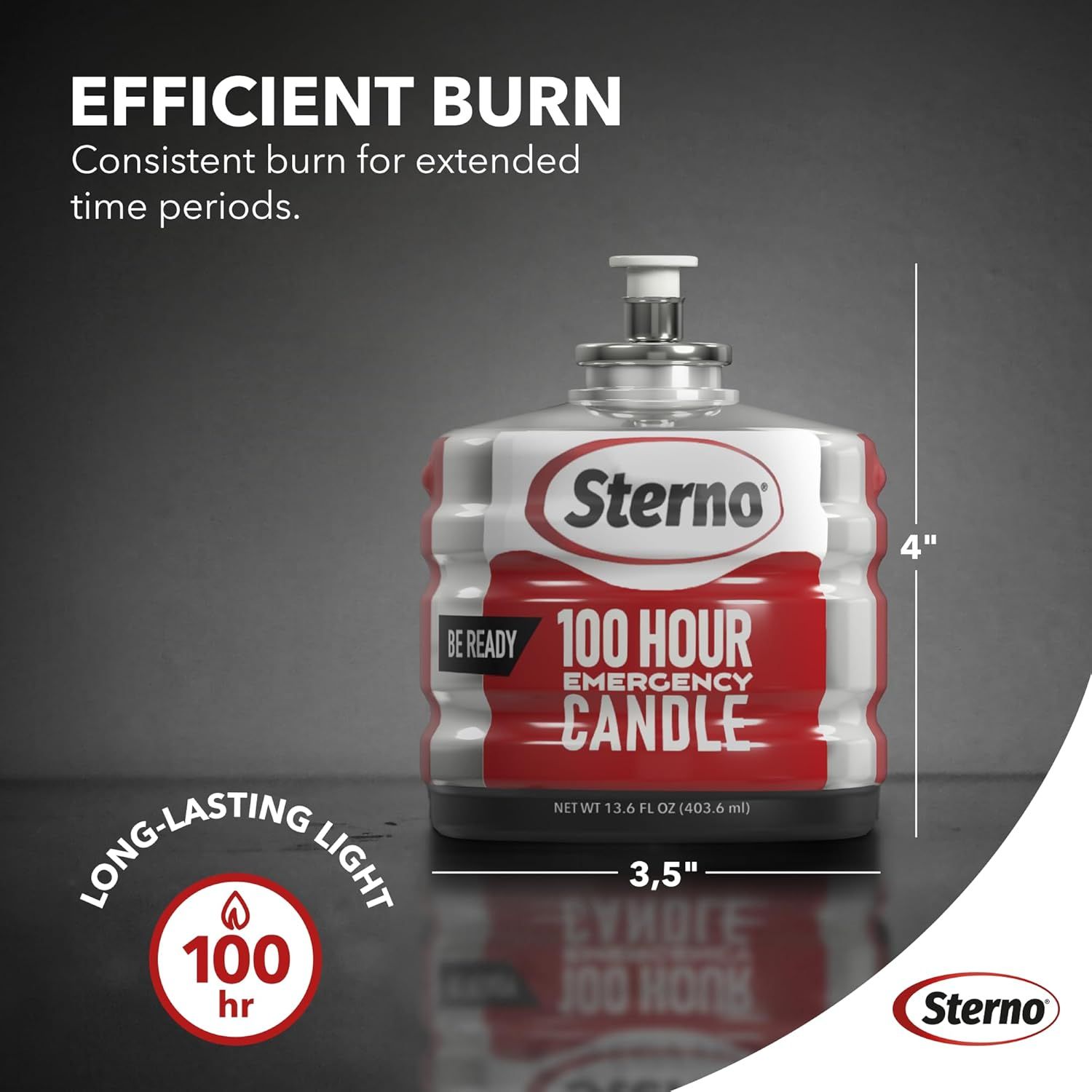 Highlights the product's impressive 100-hour burn time to communicate long-lasting performance and value. Shows the exact physical dimensions of the candle to help shoppers understand its size and…