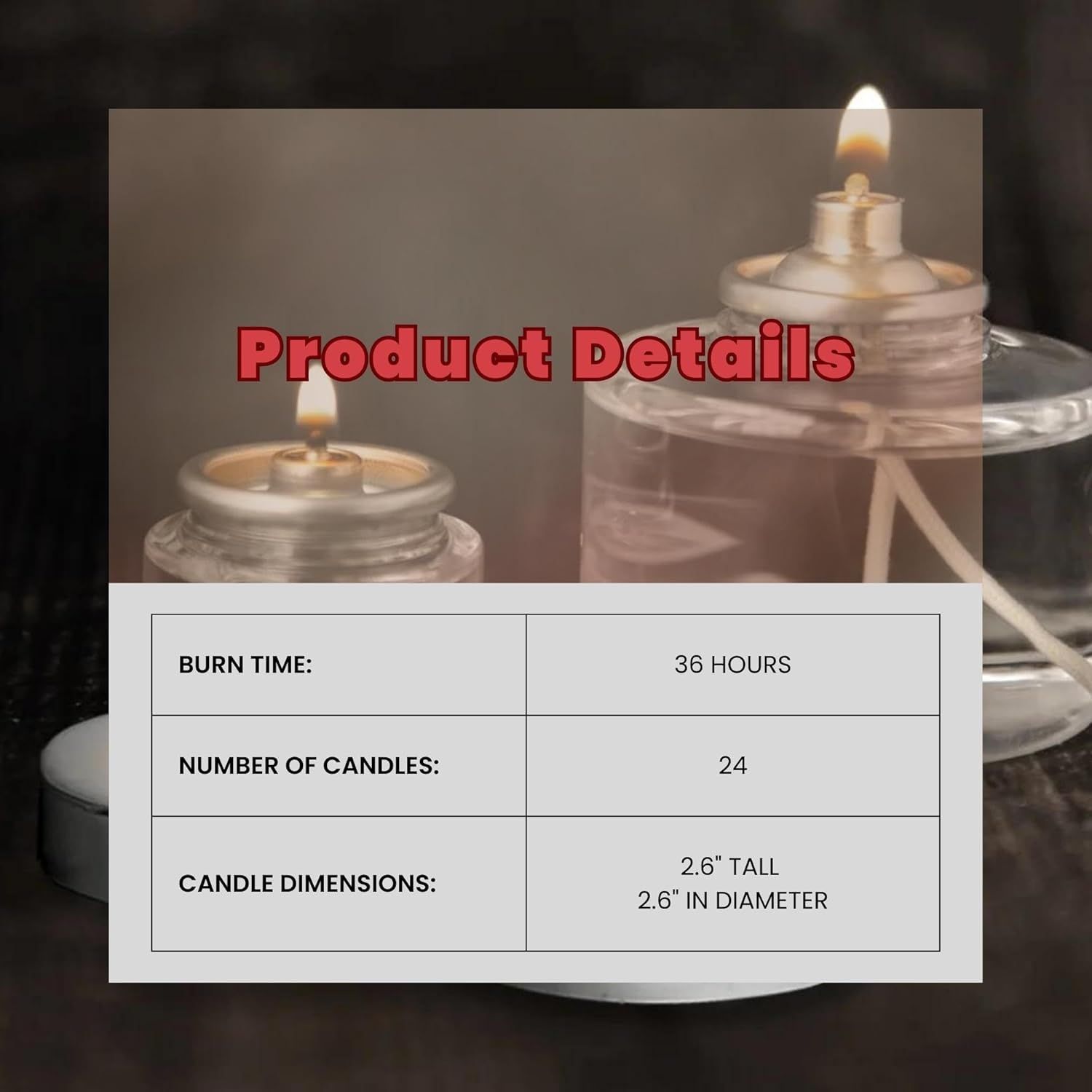 Communicates key product specifications including burn time, quantity, and physical dimensions to help shoppers understand what they are purchasing.