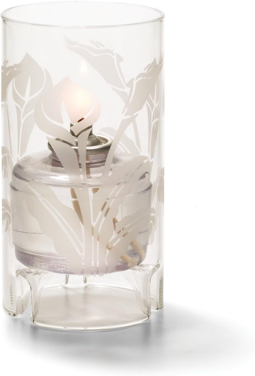 Clean catalog-style image showing the liquid candle with decorative etched glass on a white background.